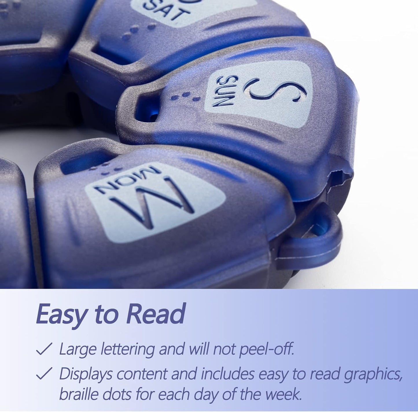 Round Weekly Pill Organizer, TPU Rubberized, Travel Pill Container 7 Day, with 7 Large Compartments, Great for Daily Vitamins & Supplements, Cute Pill Case with Large Letters and Braille (Grey)