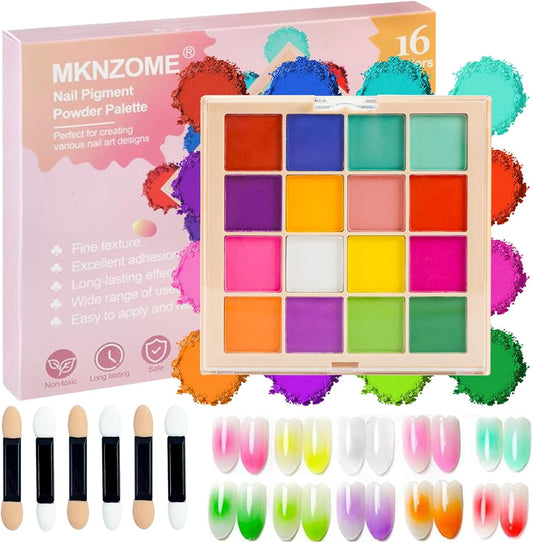 Nail Pigment Powder Palette, 16 Colors Solid Pigment Powder for Nails Set Pigmentos para Uñas, Nail Art Palette Manicure DIY Accessories