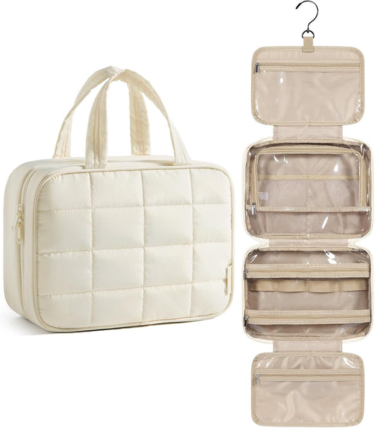 BAGSMART Travel Toiletry Bag for Womne, Hanging Travel Bag for Toiletries, Puffy Makeup Cosmetic Bag Organizer, Carry-on Travel Accessories Essentials, Beige