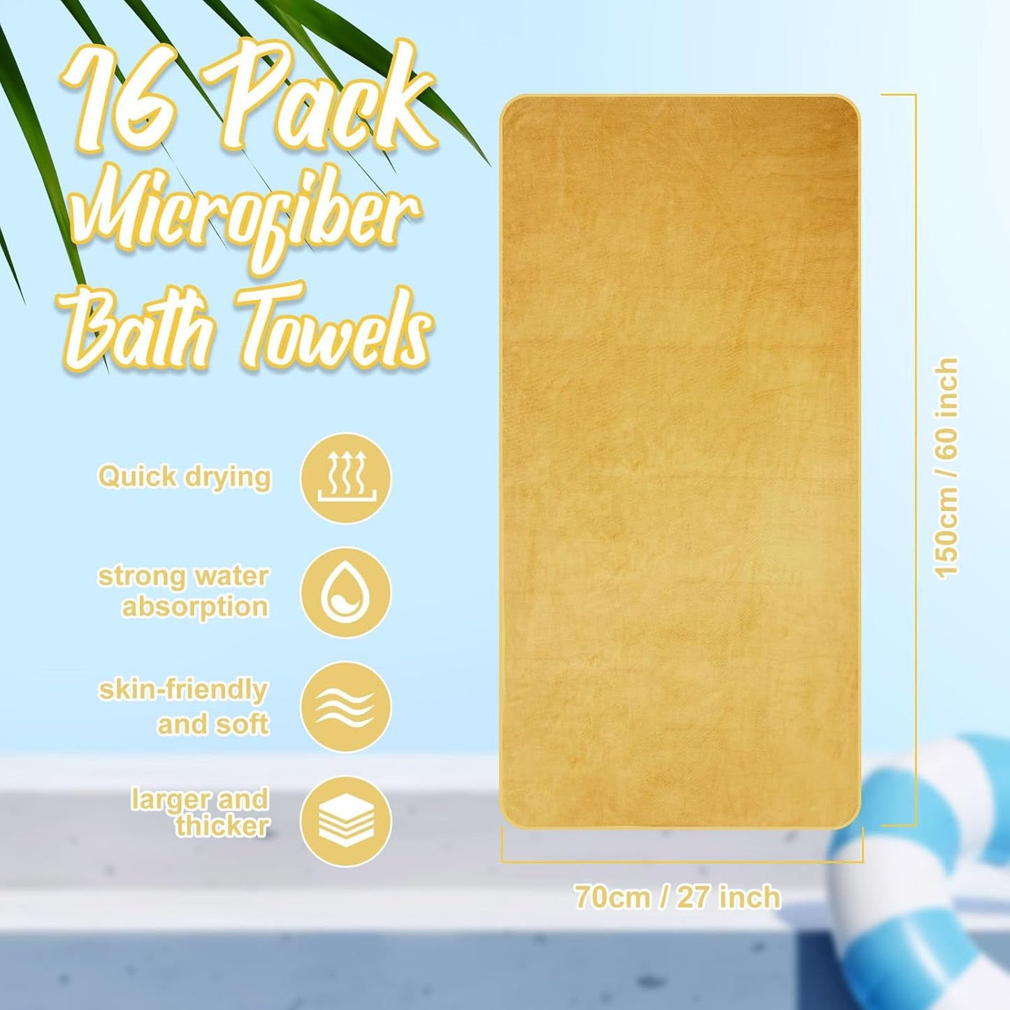 16 Pack Microfiber Bath Towels Bulk 27'' x 60'' Oversized Size Bath Towel Highly Absorbent Extra Large Soft Drying for Shower Beach Salon Winter Sport Spa Gym (Simple,Camel)