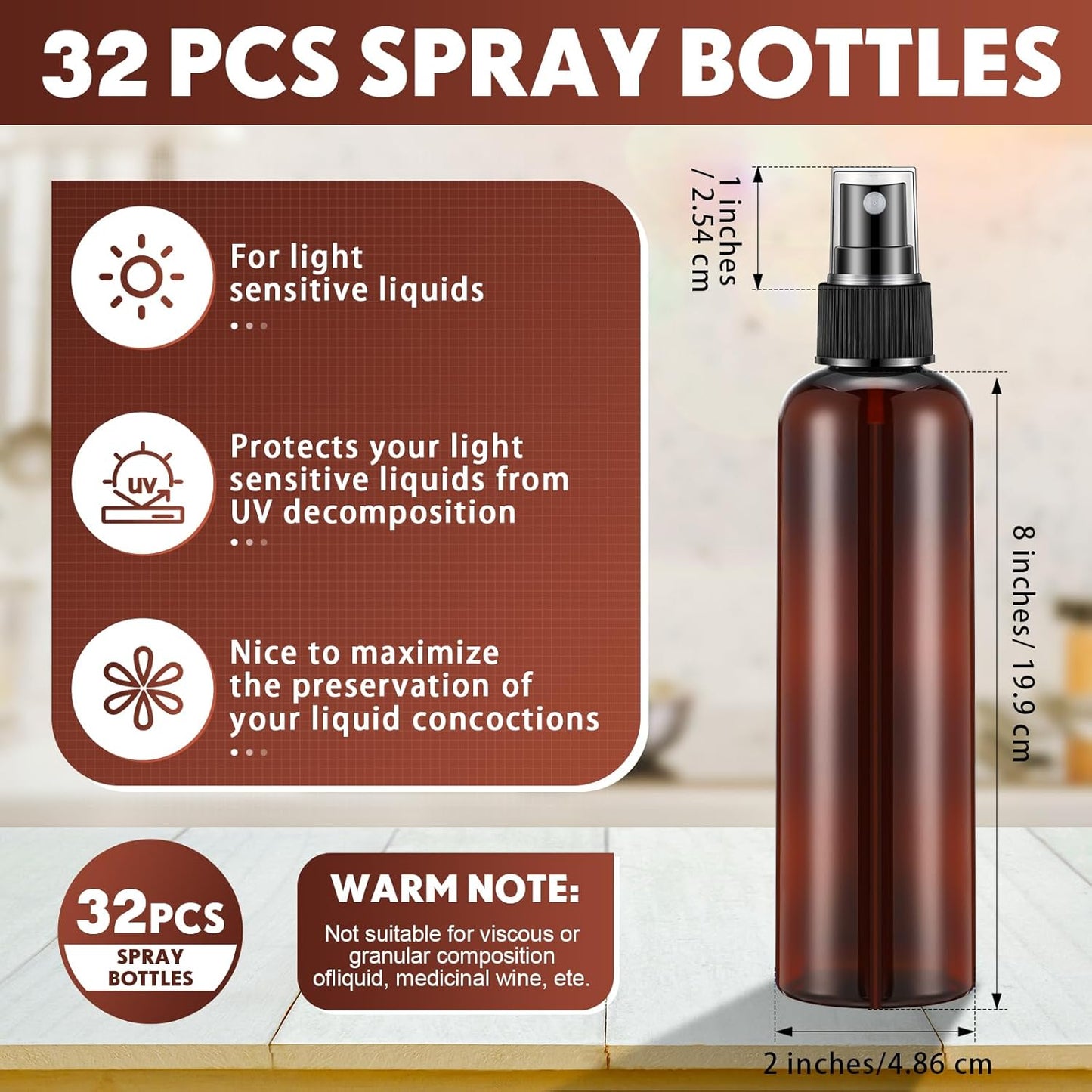 Eccliy 32 Pcs 8 oz Spray Bottles Fine Mist Cleaning Bottles Clear Empty Plastic Travel Sprayer Refillable Sprayer with Cap for Cleaning Solutions Oils Travel Perfumes(Amber,Clear)