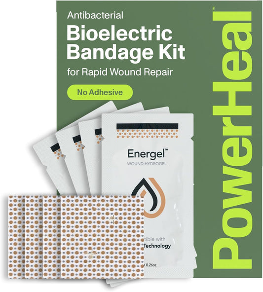 PowerHeal Bioelectric Bandage Kit for Wound Care & Healing – Single Layer No Adhesive Includes Wound Hydrogel, Can Be Cut to Fit – for Cuts, Abrasions, Blisters, Burns – 4-Pack, 2” x 2”
