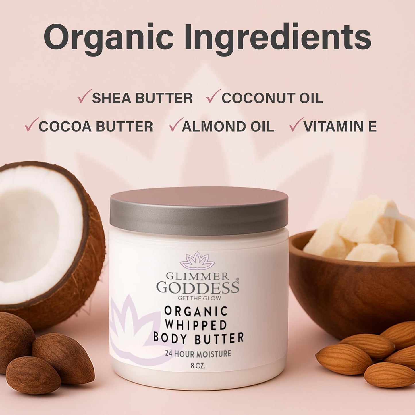 Glimmer Goddess Organic Whipped Body Butter for Women - Moisturizer Cream with Shea & Cocoa Butter, Almonds & Coconut Oil - Lavender, 8oz