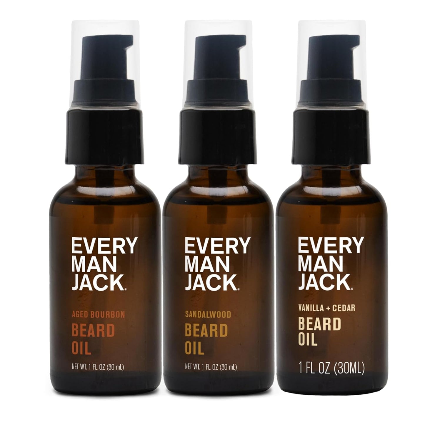 Every Man Jack Mens Beard Oil Variety Pack - 1 Each of Sandalwood, Vanilla + Cedar, and Aged Bourbon - Softens Your Beard & Adds a Natural Shine - Naturally Derived w/Shea Butter - 1 fl oz (3 Pack)
