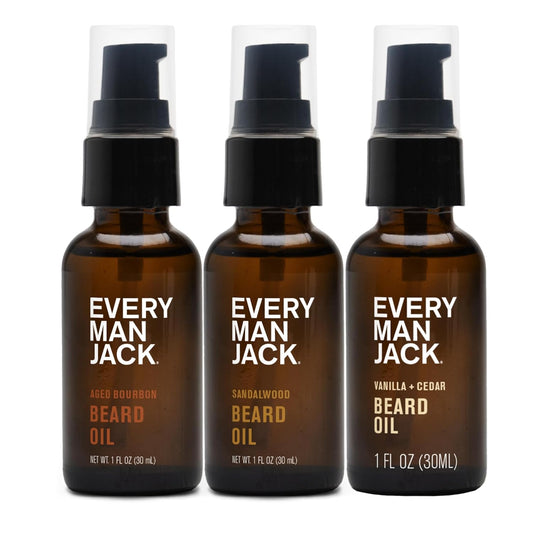 Every Man Jack Mens Beard Oil Variety Pack - 1 Each of Sandalwood, Vanilla + Cedar, and Aged Bourbon - Softens Your Beard & Adds a Natural Shine - Naturally Derived w/Shea Butter - 1 fl oz (3 Pack)