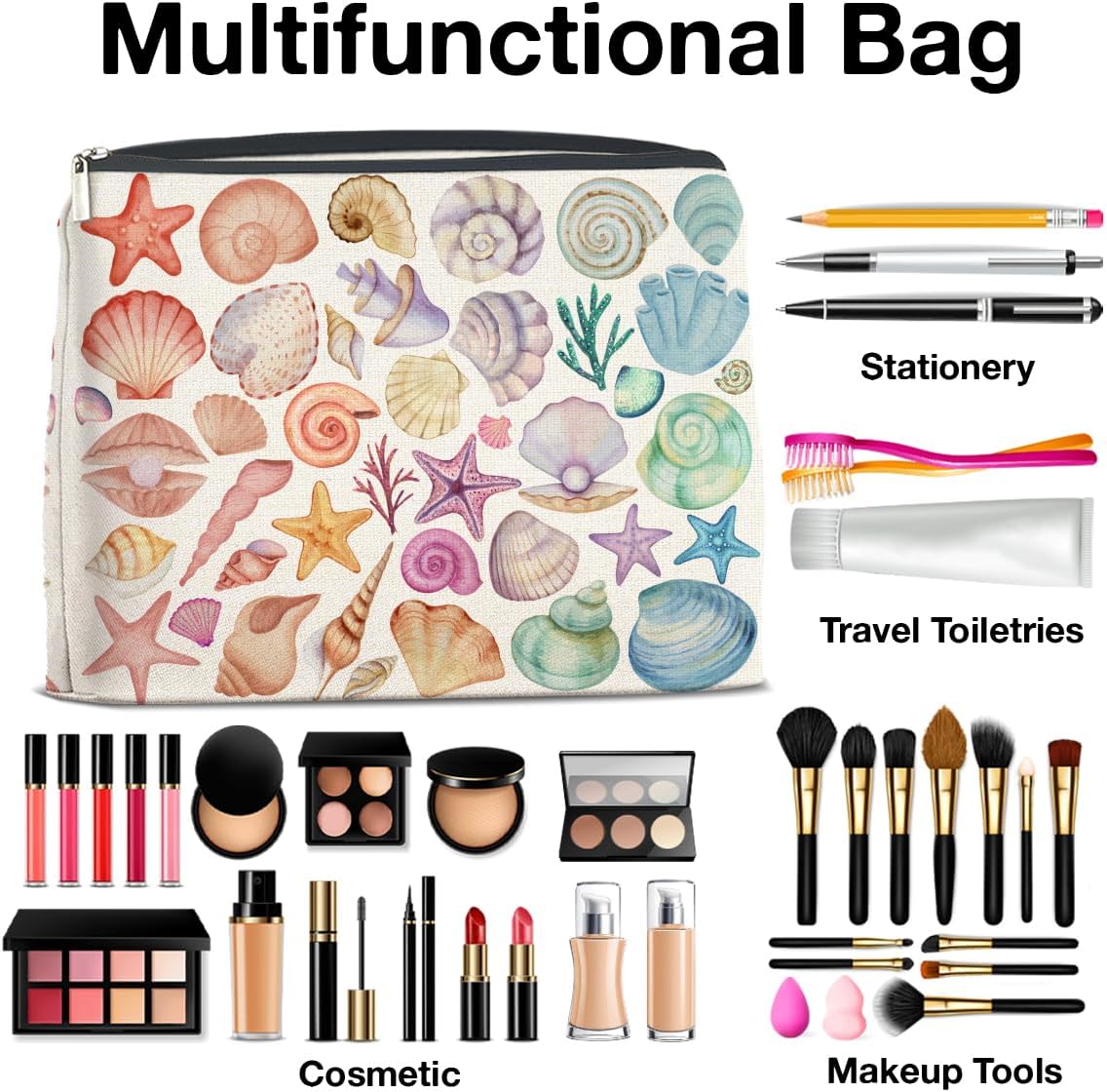 Colorful Ocean Seashell Starfish Makeup Bag Gifts for Women Beach Themed Seashell Cosmetic Bag Zipper Pouch