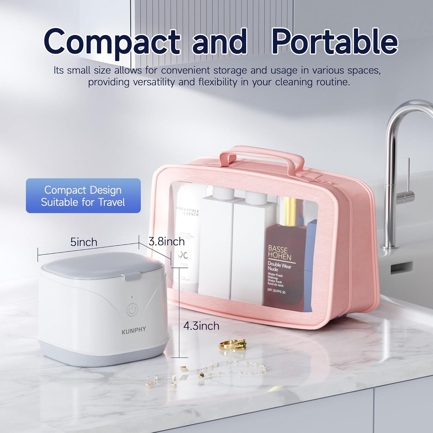 Ultrasonic Retainer Cleaner, KUNPHY 46KHz Professional Ultrasonic Jewelry Cleaner 7.5Oz, Retainer Cleaner Machine for Dentures, Braces, Aligner, Dental Appliances (White)