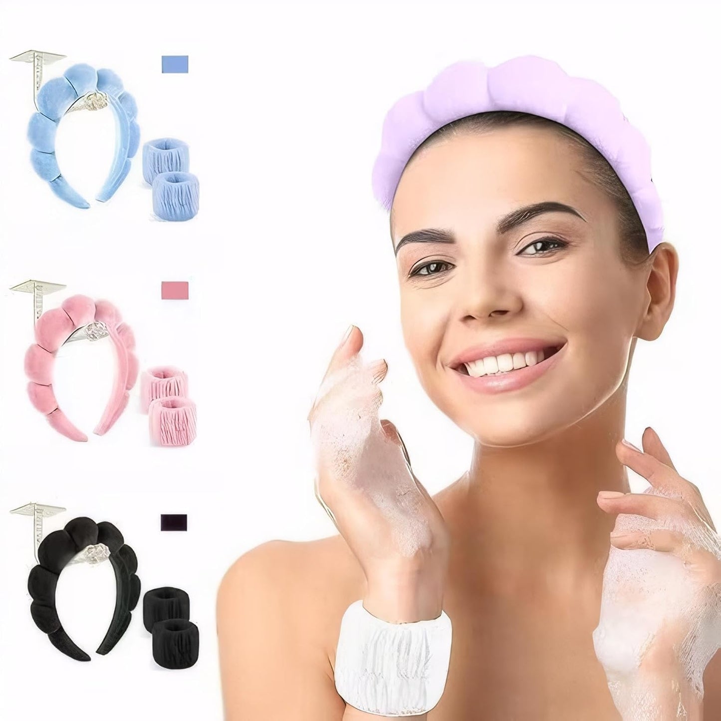 Esther Spa Headband and Wristbands Set with Hair Clip and Scrunchies,Skincare Headbands for Washing Face and Makeup,Trendy Stuff Hair Accessories for Women in Gift Box (Pink)