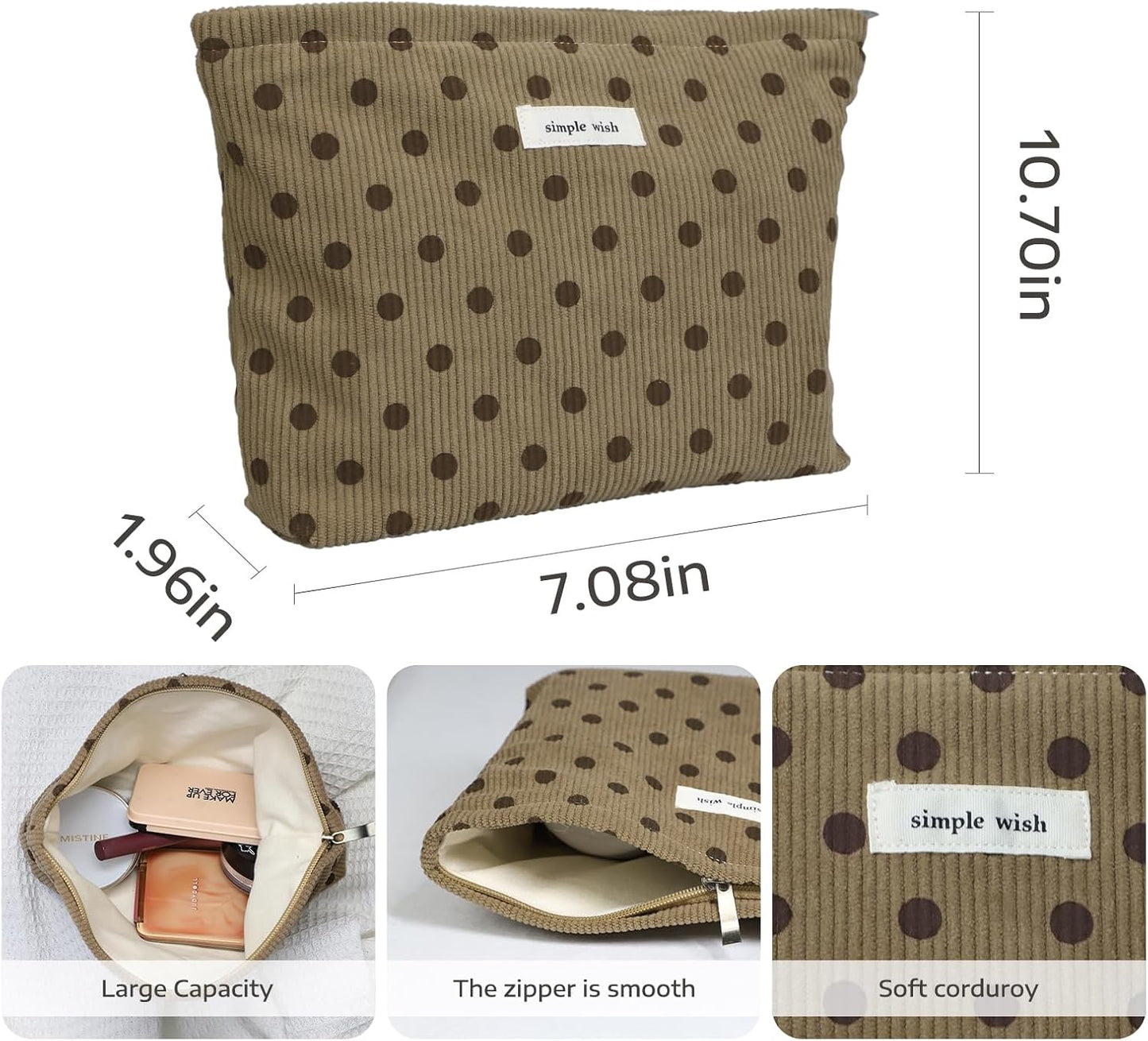Wudygirl Travel Makeup Bag Cute Cosmetic Bag Large Capacity Makeup Pouch Make Up Organizer for Women and Girls Portable Toiletry Bag Corduroy Zipper Pouch (Brown Polka Dots)
