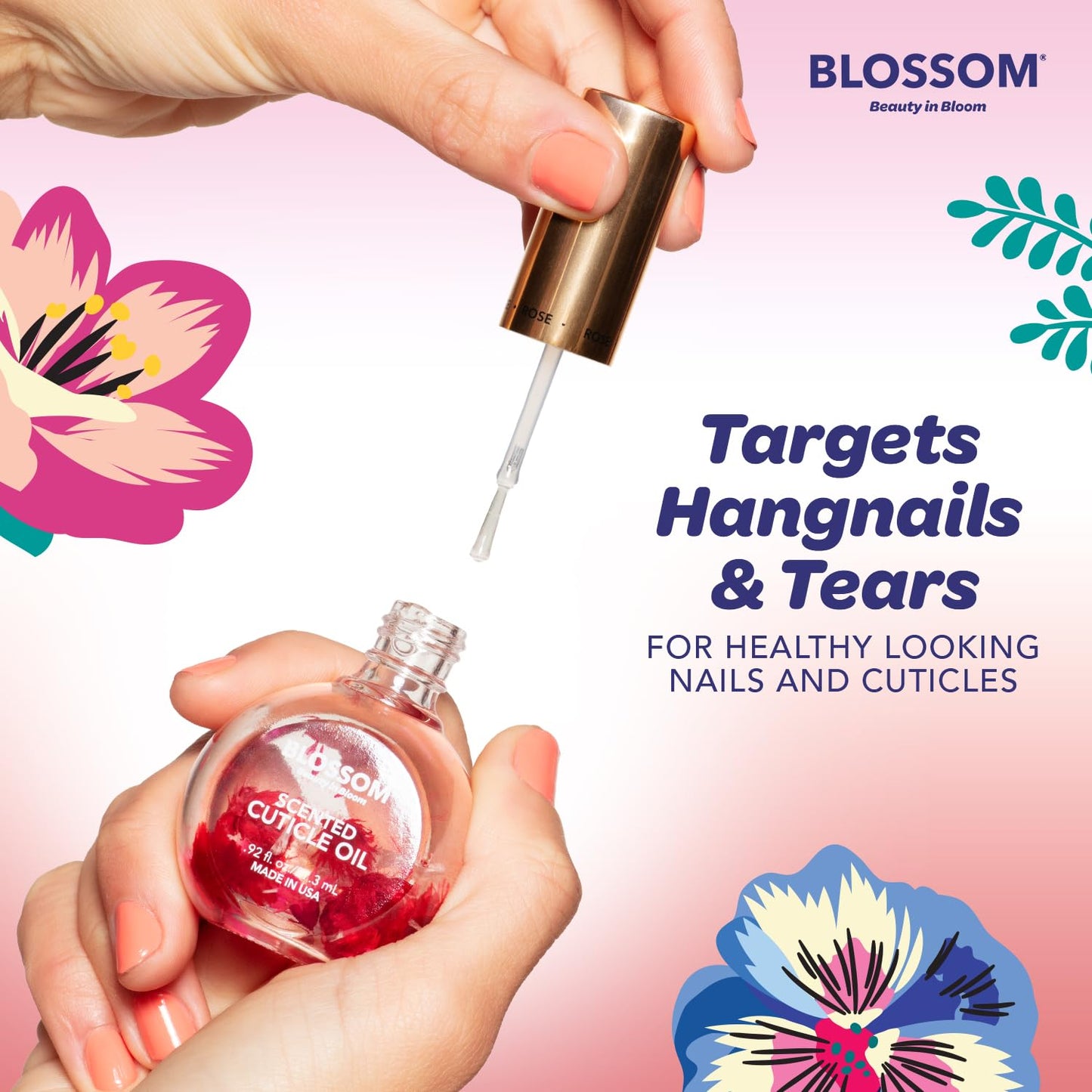 Blossom Cuticle Oil for Nails, Hydrating, Moisturizing, Scented Nail Oil Cuticle Care, Infused with Real Flowers, Made in USA, 0.5 fl. oz, Strawberry