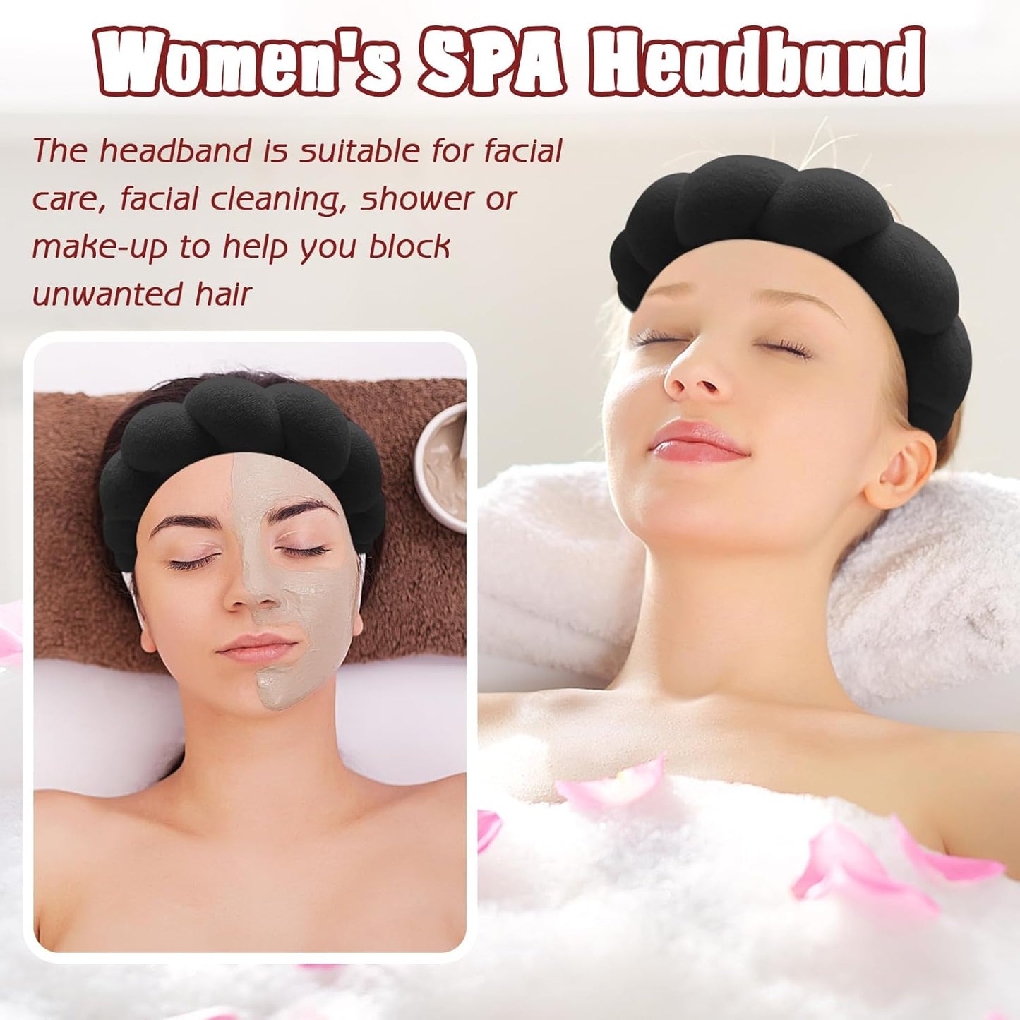 Zkptops Spa Headband for Washing Face Wristband Sponge Makeup Skincare Headband Terry Cloth Bubble Soft Get Ready Hairband for Women Girl Puffy Padded Headwear Non Slip Thick Hair Accessory(Black)