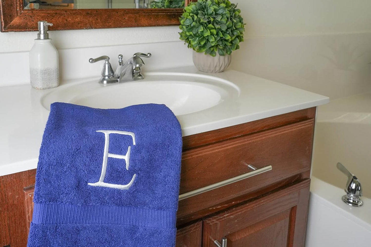 Navy Monogram Hand Towel for Bathroom - Monogrammed Initial Hotel Quality Decorative Embroidered Luxury Towel for Powder Room, Spa - GOTS Organic Certified - Set of 2 White Letter E