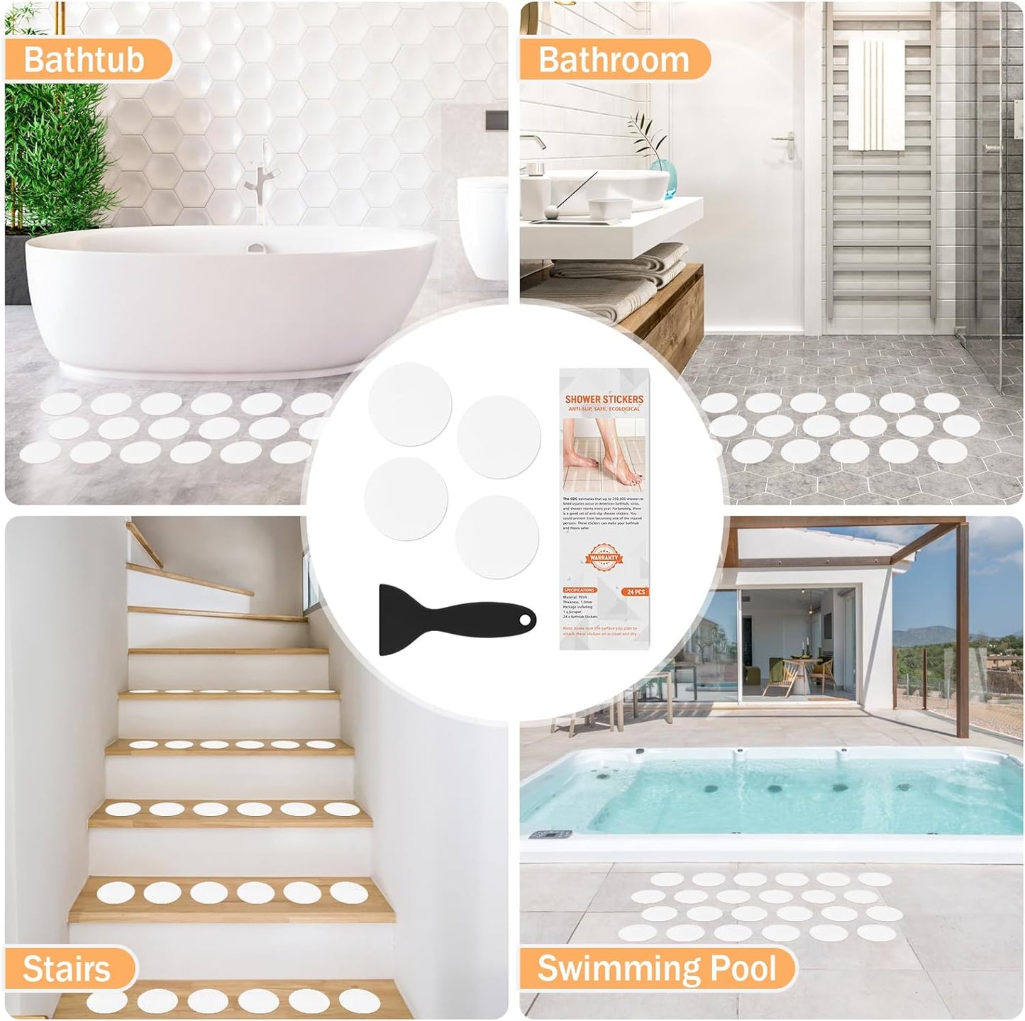 Non Slip Bathtub Stickers, 24 PCS Shower Stickers for Safety Bathroom Tubs, Bathtub Non Slip Stickers and Adhesive Decals Scraper for Bath Tub, Shower Floor, Stairs, Ladders(Round Shape, White)