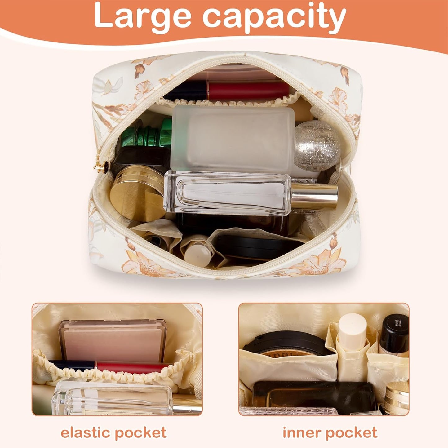 Floral Waterproof Makeup Bag, Leather Cosmetic Bag with Compartments, Zipper Make up Pouch Organizer, Portable Storage Travel Toiletry Bag Gifts for Women Girls(Pink Flower)