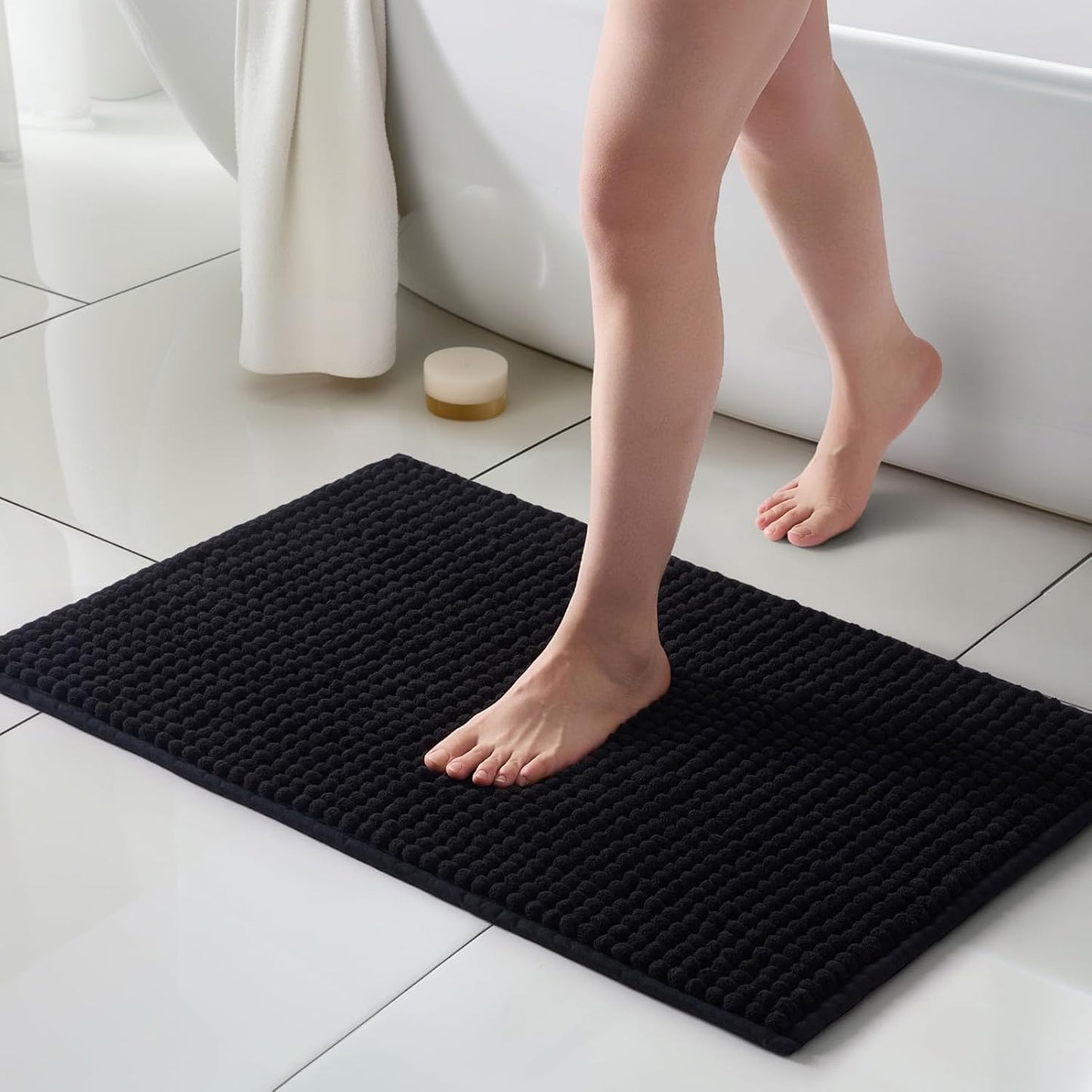 FRESHMINT Thick Chunky Chenille Bathroom Rugs 20"x32", Non Slip Bath Mat for Bathroom Floor, Large Soft Bathroom Decor Accessories, Cute Shower Mat Water Absorbent, Washable, Black