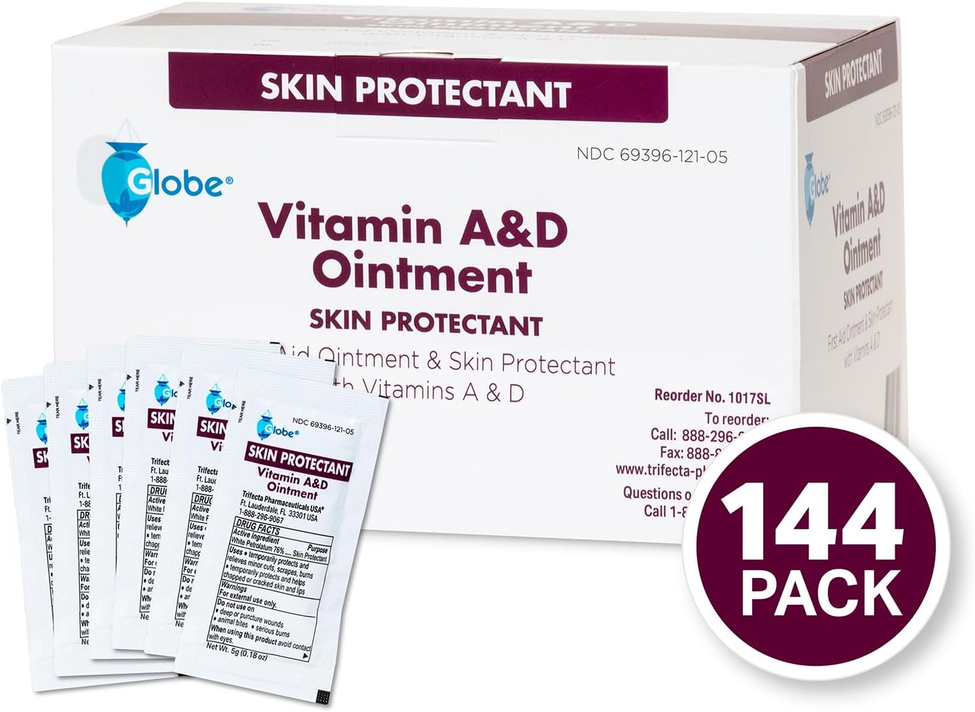 Globe (Box of 144) Vitamin A & D Ointment, First Aid & Skin Protectant with Vitamins A&D, 5g Packets, 144-Packets Box, Lanolin & Petrolatum Formula for Men, Women & Baby Skin