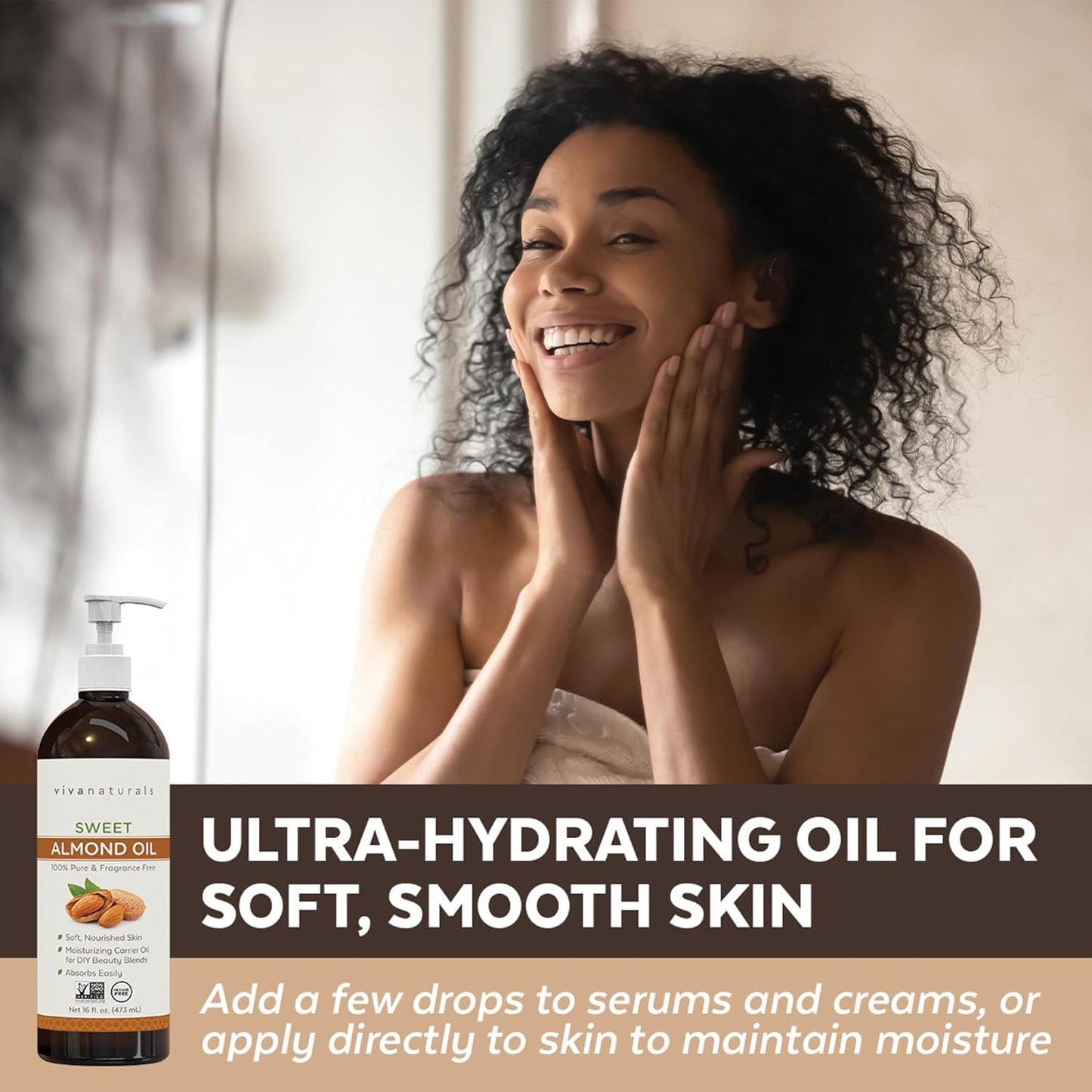 Viva Naturals Sweet Almond Oil for Skin - Body Oil, Hair Moisturizer and Relaxing Massage and Oil, Carrier Oil for Essential Oils Mixing, Non-Greasy Pure Sweet Almond Oil for Hair and Skin, 16 fl oz