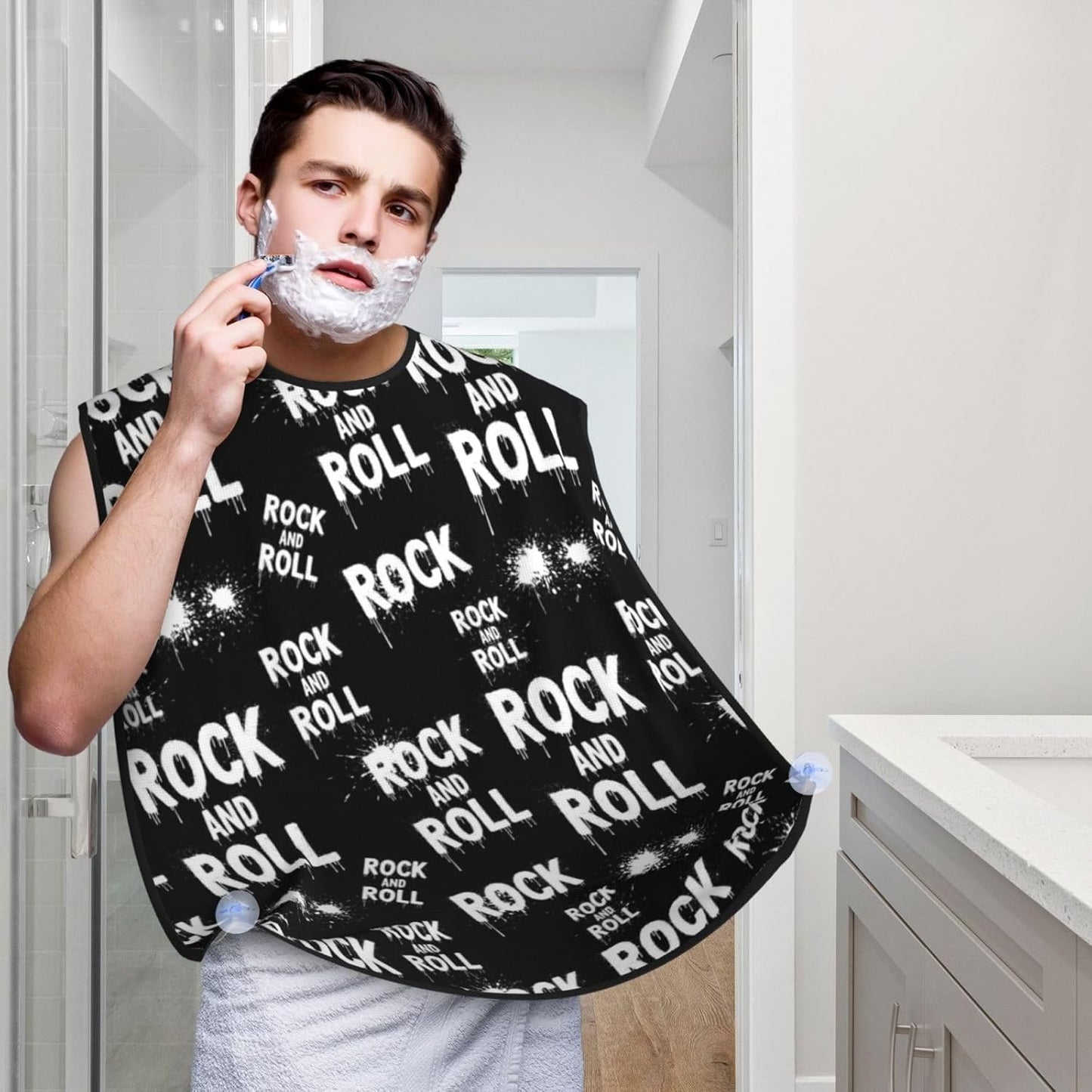 Adjustable Beard Catcher Apron, Black and White Rock and Roll Tattoo Print Shave Bib, Non-Stick Waterproof Grooming Bib, Shaving Essential for Men Dad Christmas
