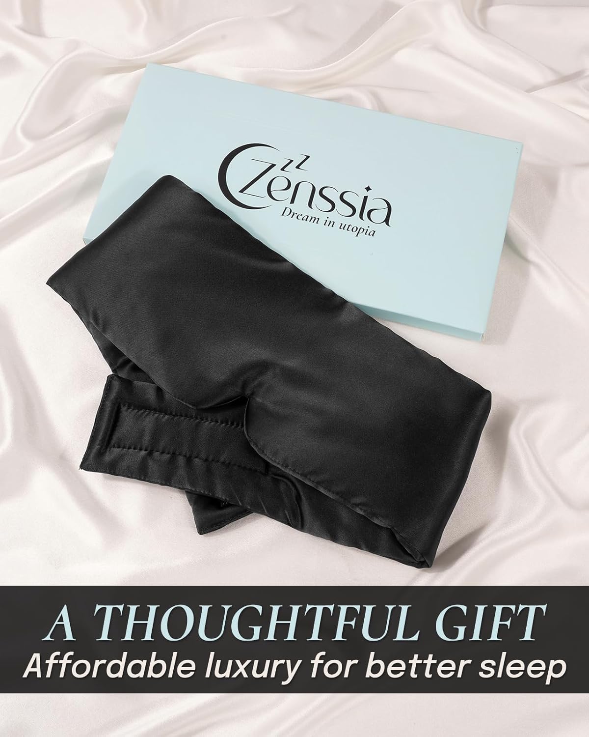 Zenssia Satin Sleep Mask for Women and Men, Lightweight Padded Eye Mask with Adjustable Strap, Comfort Blackout for Travel and Nap - Black