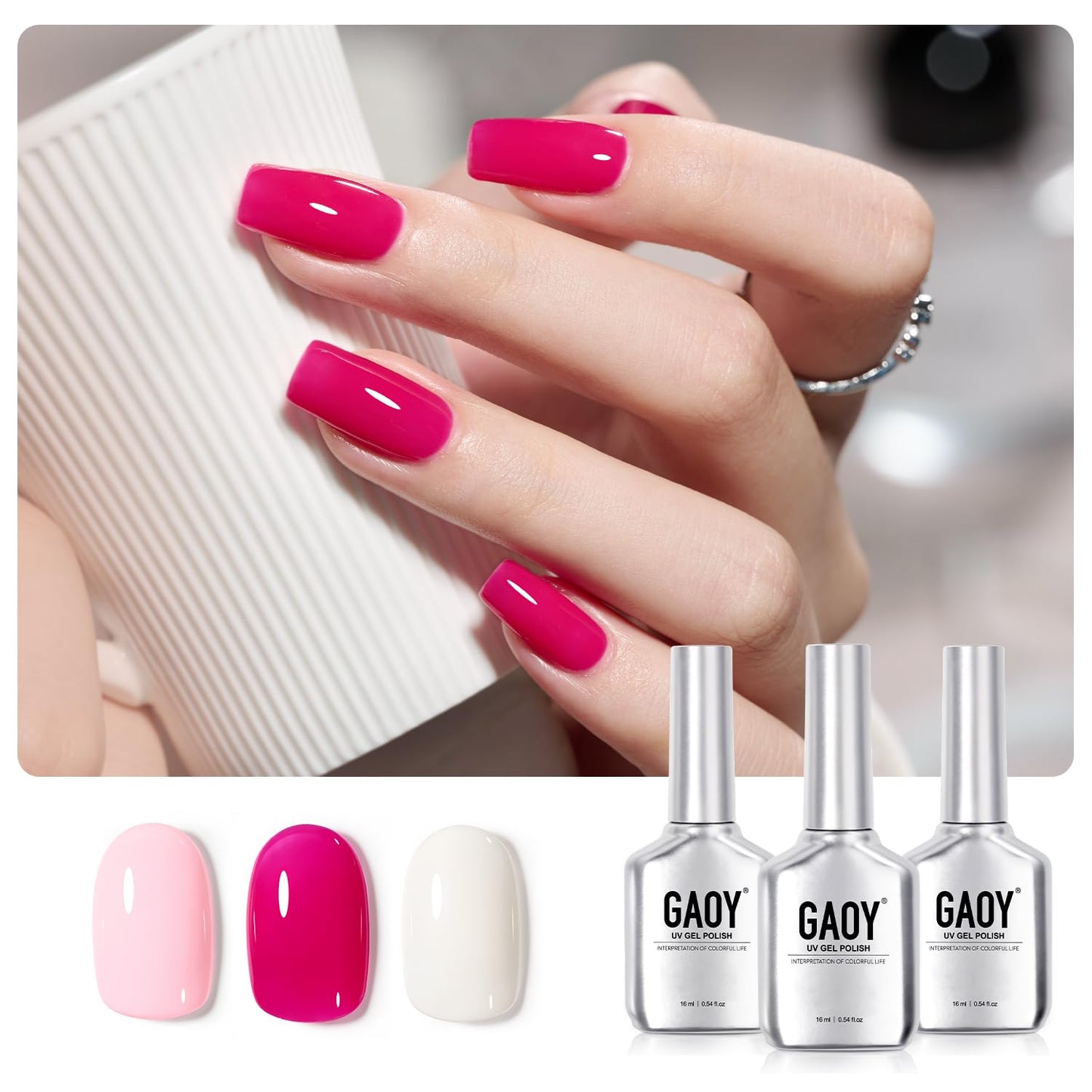 GAOY Gel Nail Polish Kit, 3 Colors 16ml Jelly White Pink, Soak Off UV Gel Polish Set - Rosy Delight