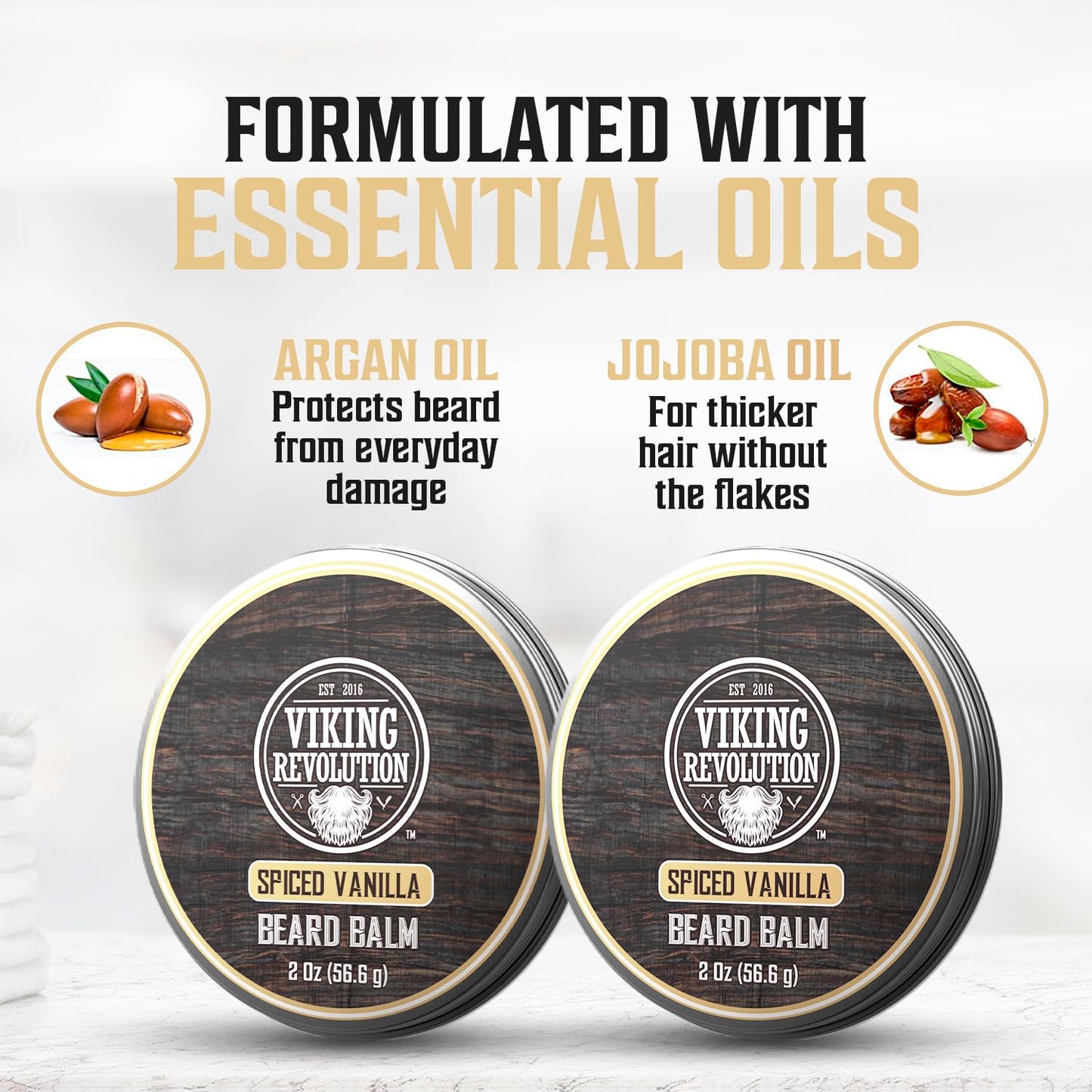 Viking Revolution Spiced Vanilla Beard Balm - Beard Butter with Argan Oil, Beard Softener for Men with Jojoba Oil - Beard Moisturizer for Men with Beeswax - Beard Wax for Men (2oz, 2 Pack)