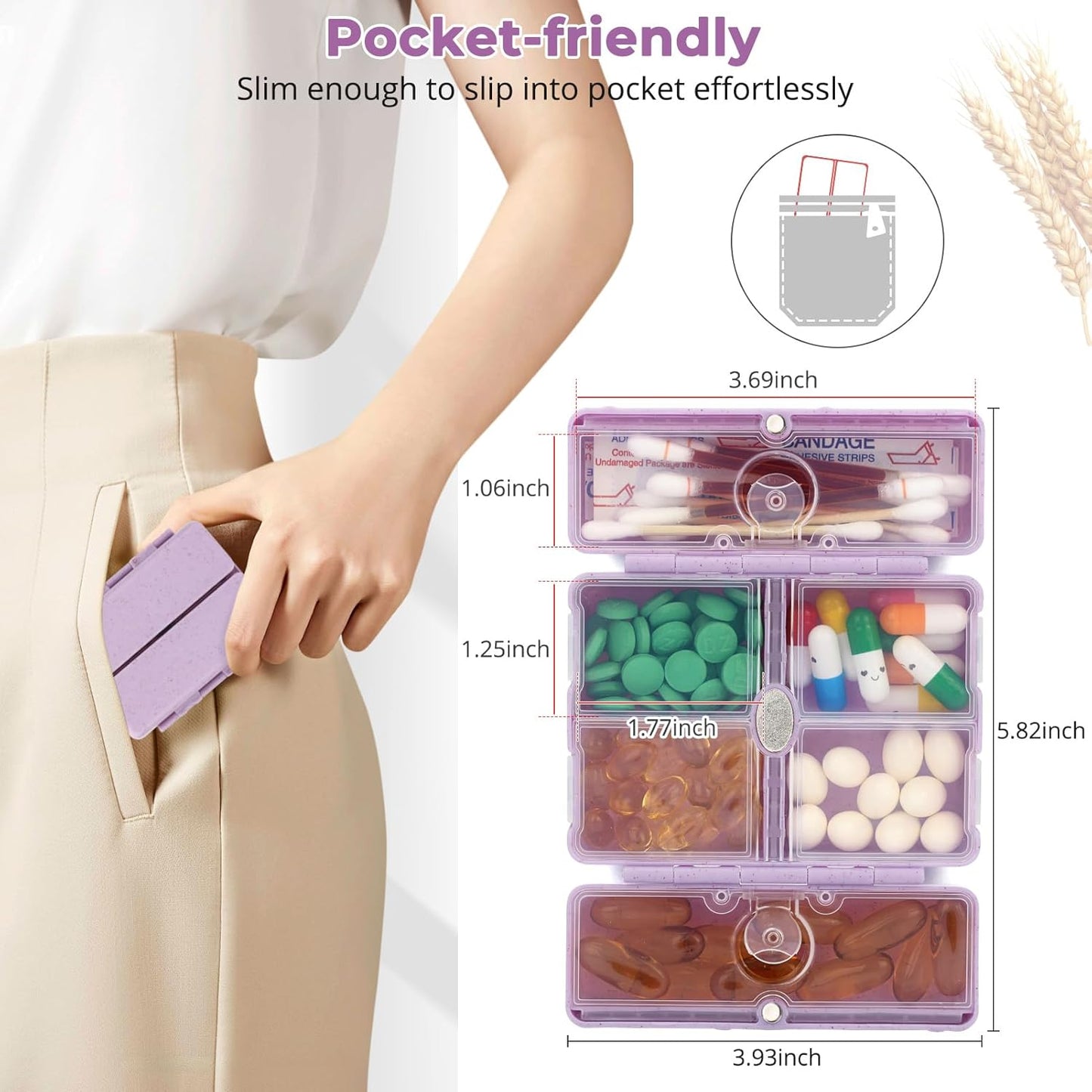 Zentiky Small Daily Pill Organizer with Labels, Medicine Pill Organizer Fit with Your Purse or Pocket for Travel to Hold Vitamin, Fish Oil, Supplement,Cotton Swabs, Bandages or Jewelry-Purple