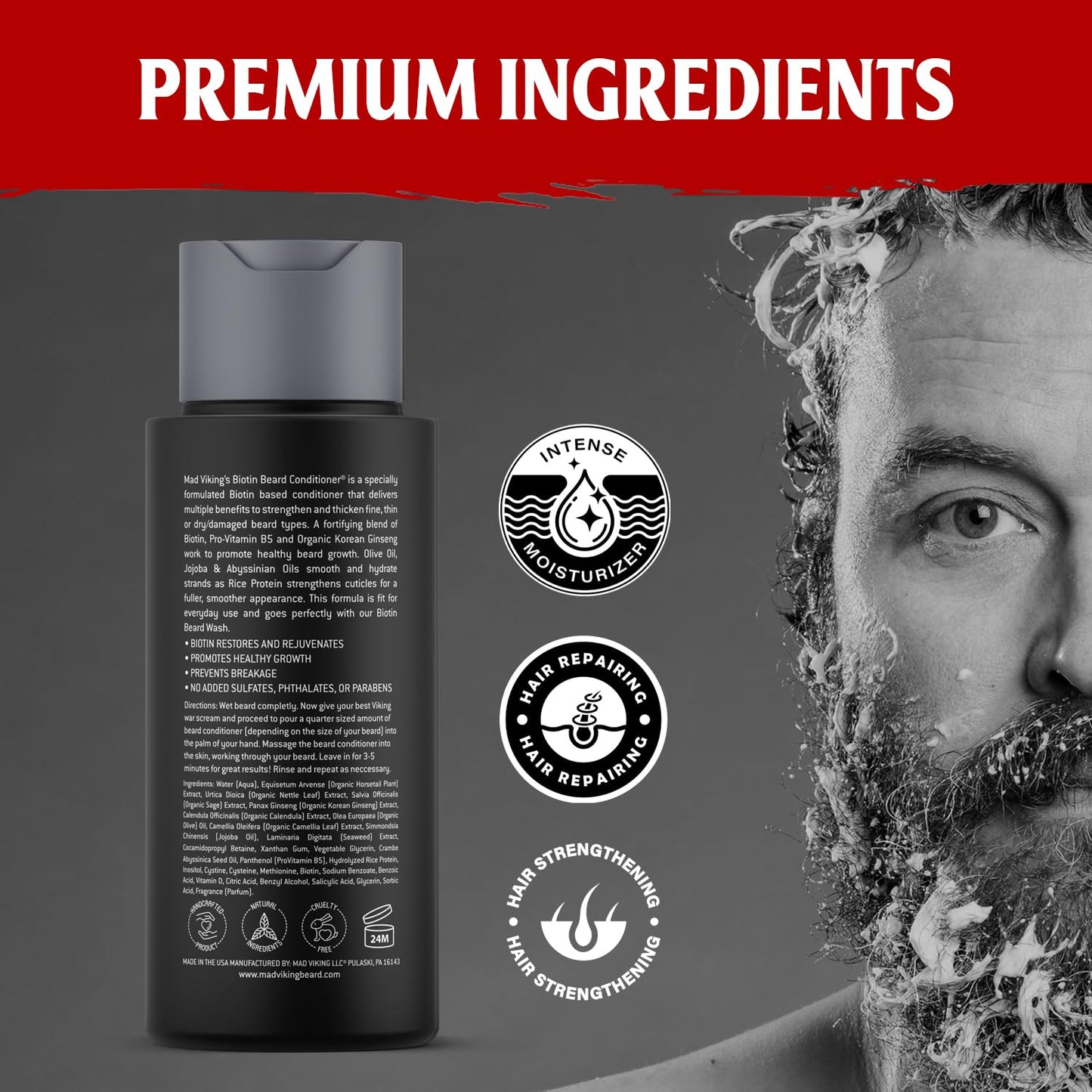 Mad Viking Valhalla Biotin Beard Conditioner – Restores, Moisturizes and Softens - Deep Conditioning and Reduced Frizz - Smooth Sandalwood & Vanilla Scent, Made in the USA - 8oz