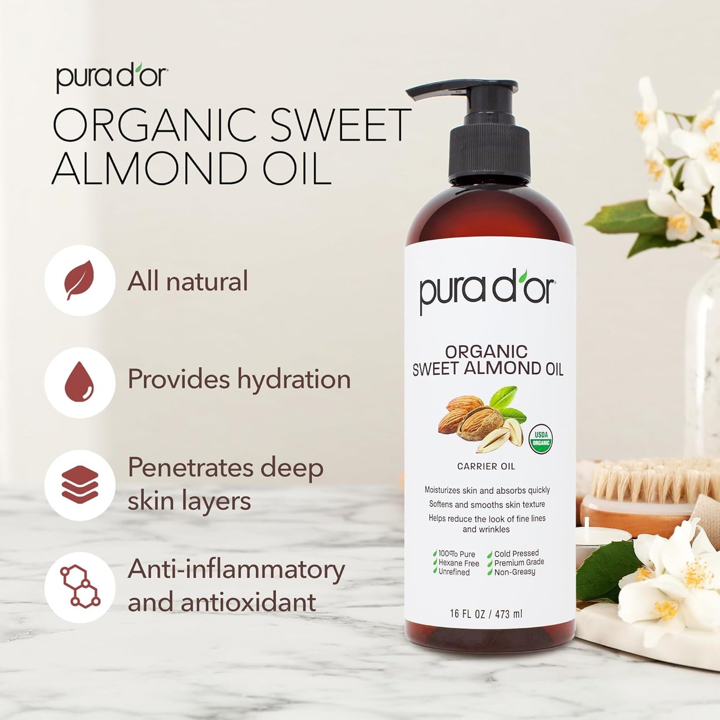 PURA D'OR 16 Oz ORGANIC Sweet Almond Oil - 100% Pure & Natural USDA Certified Cold Pressed Carrier Oil For DIY Beauty - Non-Greasy, Unscented, Hexane Free Moisturizer - Massage Oil For Hair & Skin
