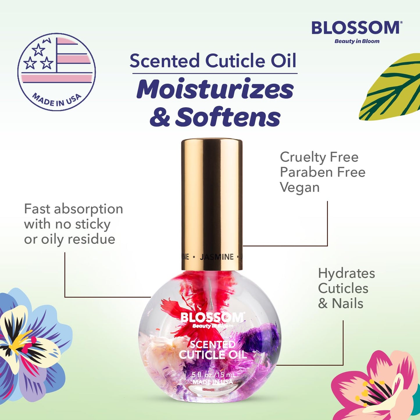 Blossom Cuticle Oil for Nails, Hydrating, Moisturizing, Scented Nail Oil Cuticle Care, Infused with Real Flowers, Made in USA, 0.5 fl. oz, Jasmine