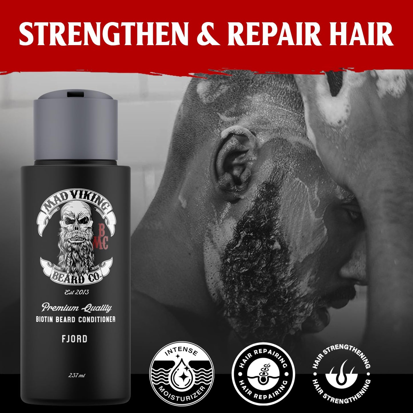 Mad Viking Fjord Biotin Beard Conditioner – Restores, Moisturizes and Softens - Deep Conditioning and Reduced Frizz - Crisp Clean Citrus & Woodsy Scent, Made in the USA - 8oz