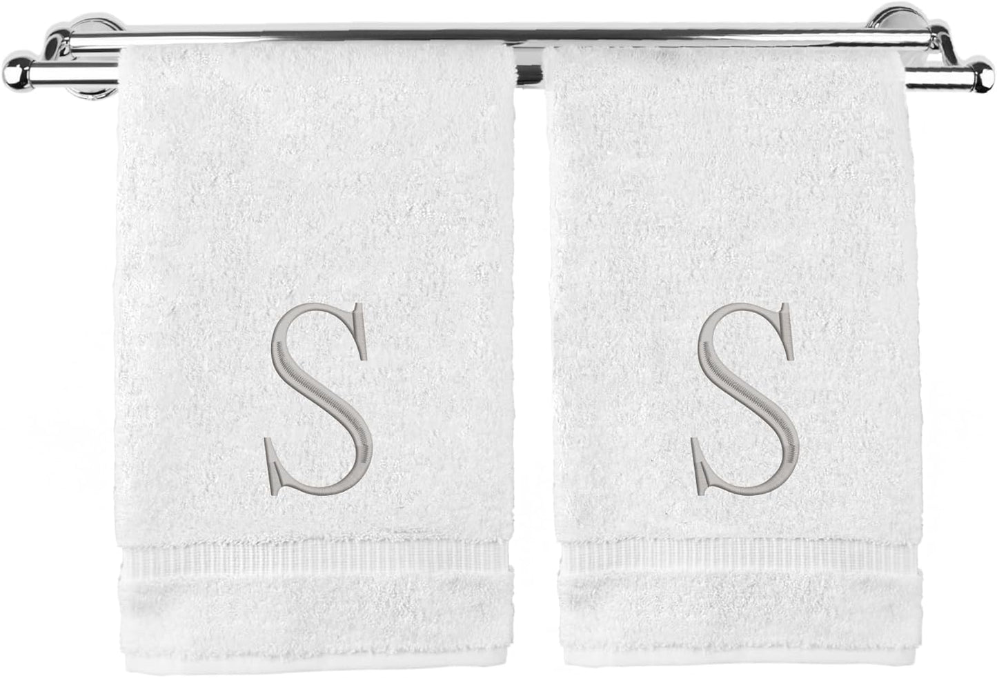 Monogrammed Hand Towel, Personalized Initial Gift, Extra Absorbent 100% Turkish Cotton - Soft Terry Finish - Set of 2 - Silver Block Initial S - Embroidered on White Towels
