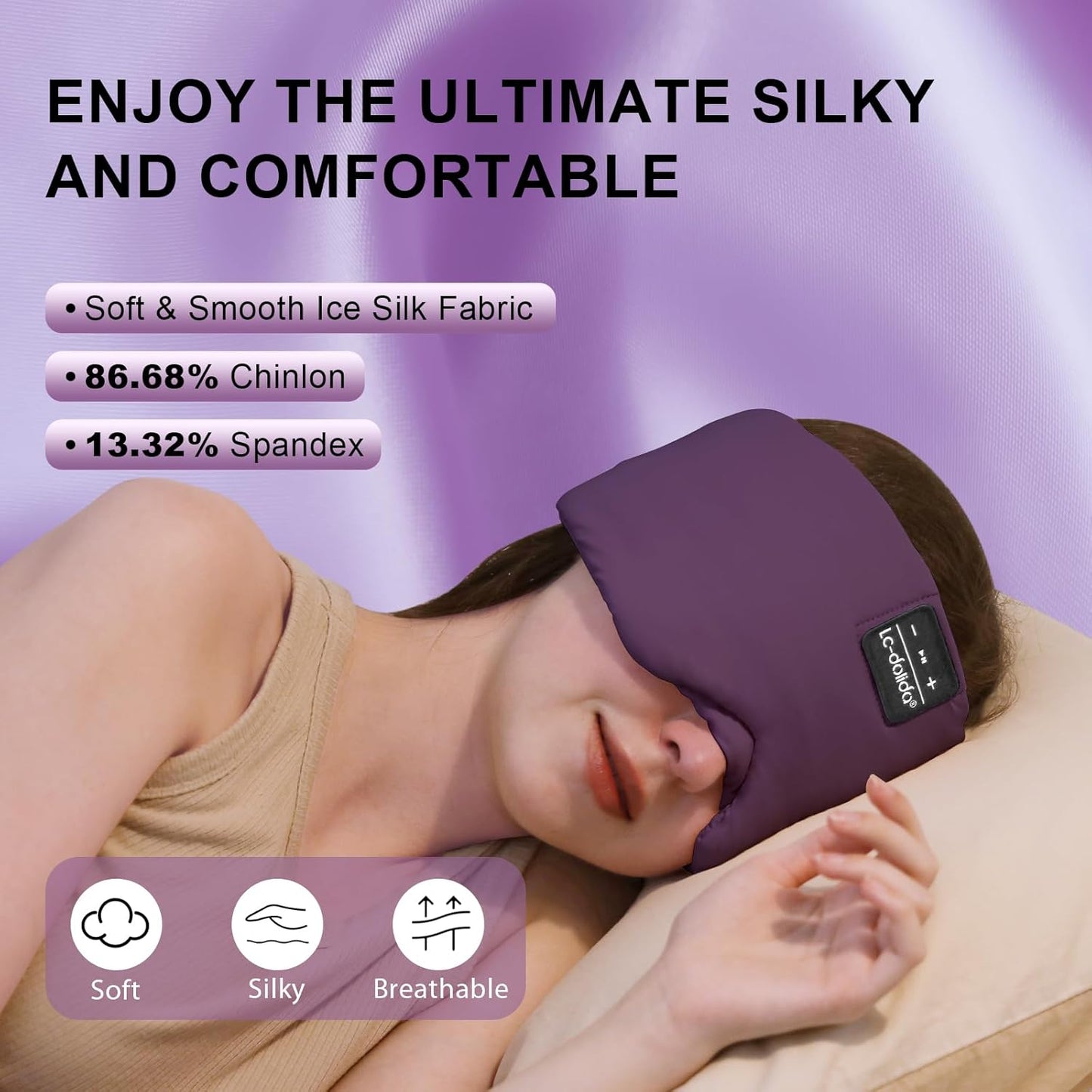 LC-dolida Sleep Mask with Bluetooth Headphones, Ice Silk Sleep Headphones with Bluetooth 5.4, Total Blackout Eye Mask for Sleeping, Sleep Soft Mask for Women Men, All Night Sleep, Travel(Purple)