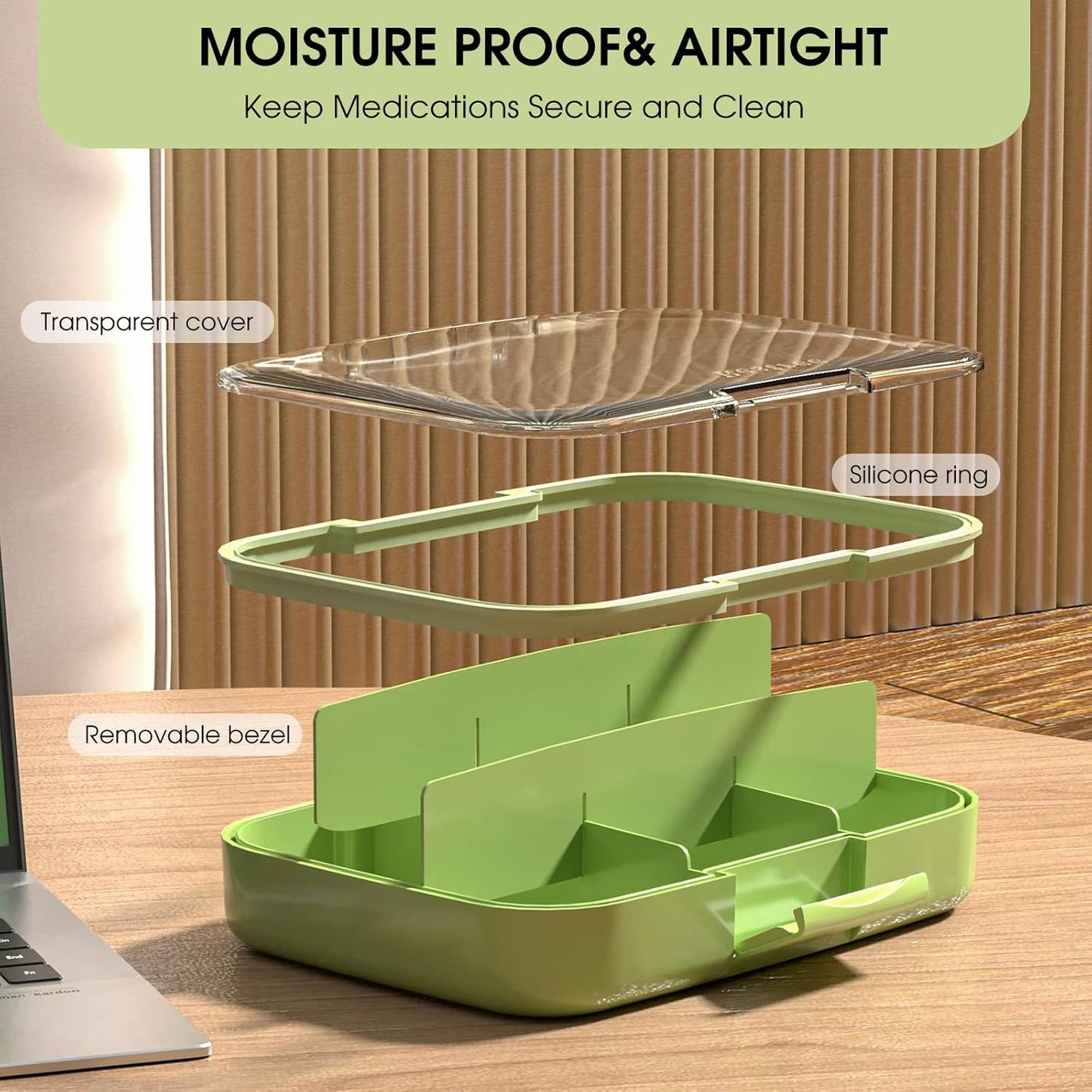 Restree Large Pill Organizer, Moisture Proof & Waterproof Travel Pill Case, Portable Medication Box with Adjustable Dividers for Vitamins Supplements Fish Oil and Daily Pills 9 Compartments (Green)