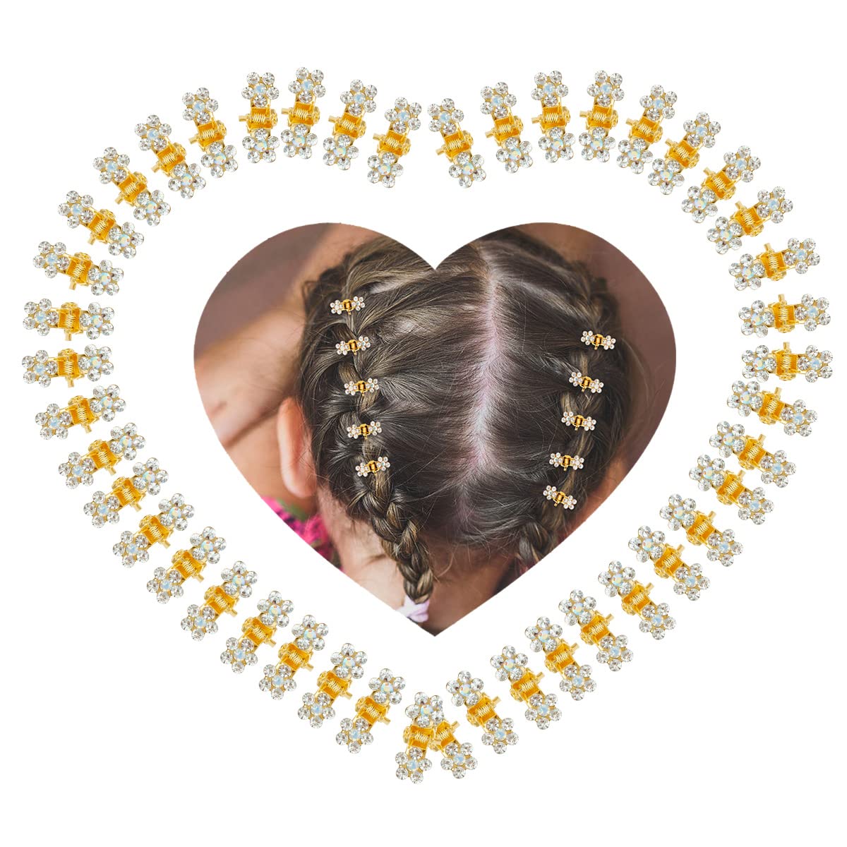 Small Hair Accessories: Mini Claw Clips with No-Slip Grip, Glitter and Rhinestone Details, Metal Clamps in Mixed Colors for Girls and Women (Gold-White Crystal)