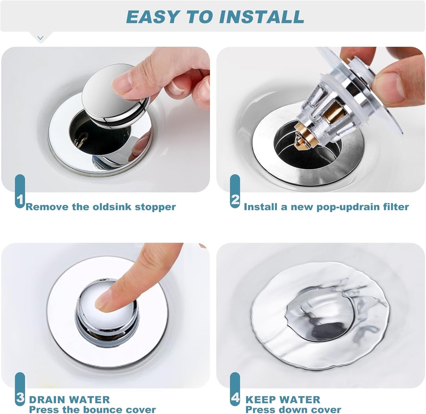 SHAP+ Universal Bathroom Sink Stopper, Fits 1.06-1.5 Inch, Premium Basin Pop Up Sink Drain Strainer, Anti-Leakage and Clogging, with Hair Catcher, Made Brass, Chrome Plated