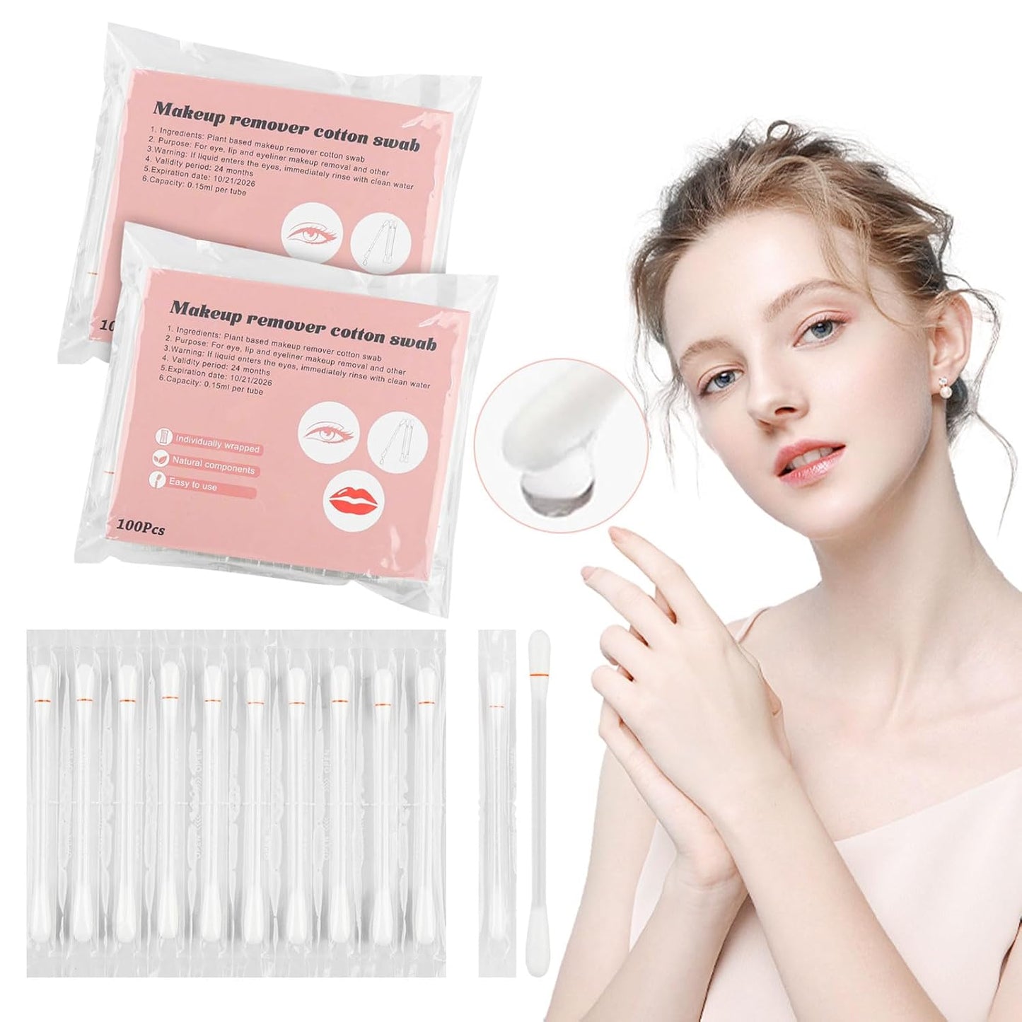 Cotton Swabs,Cotton Makeup Remover Swabs,Eye & Lip Sticks Remover,Liquid-Filled Makeup Remover Swabs Disposable Cotton Swabs for Eye/Lip/Eyebrow/Eyelash Makeup (Pack of 200)