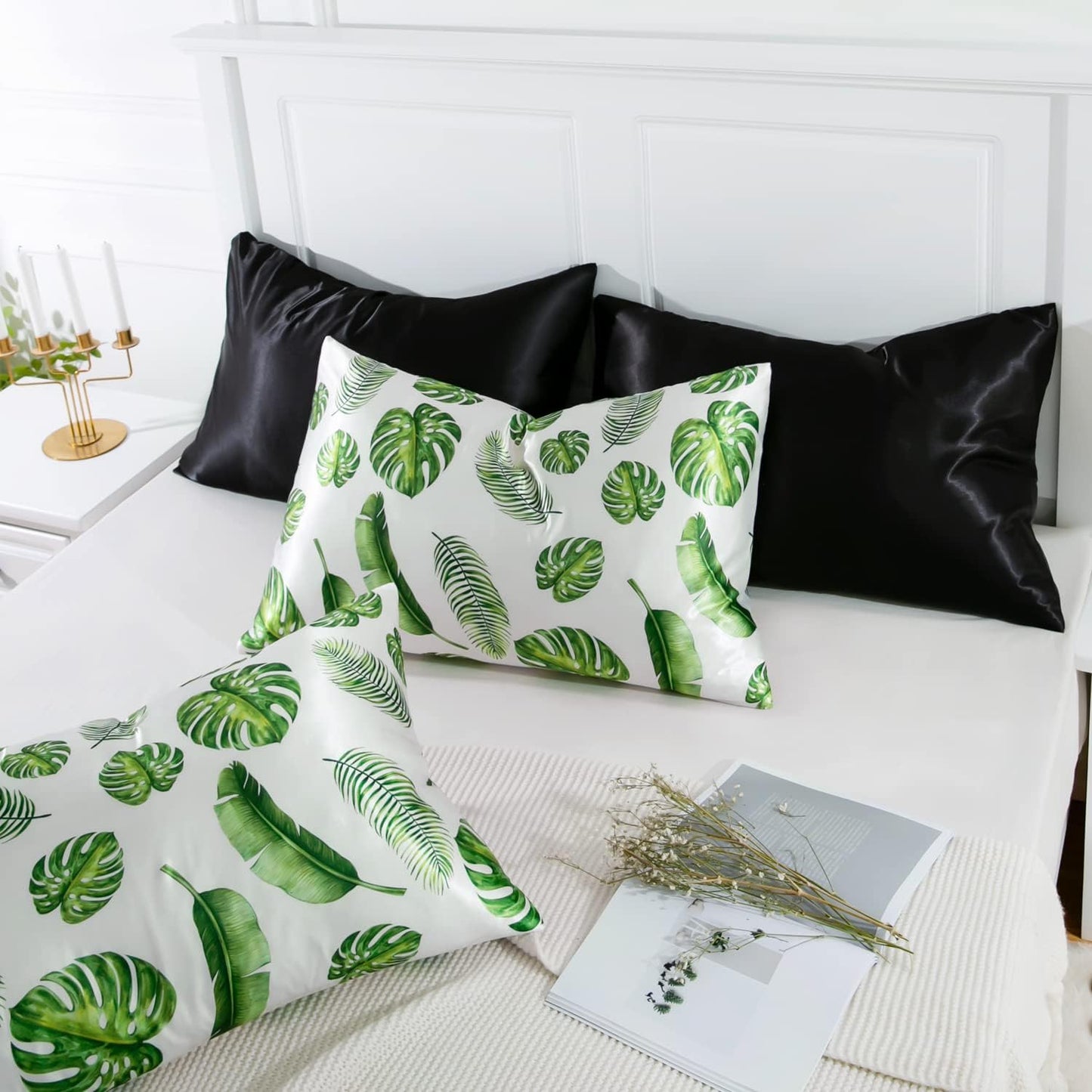 MR&HM Satin Pillowcase for Hair and Skin, Silk Satin Pillowcase 2 Pack, Standard Size Pillow Cases Set of 2, Silky Pillow Cover with Envelope Closure (20x26, Leaves)