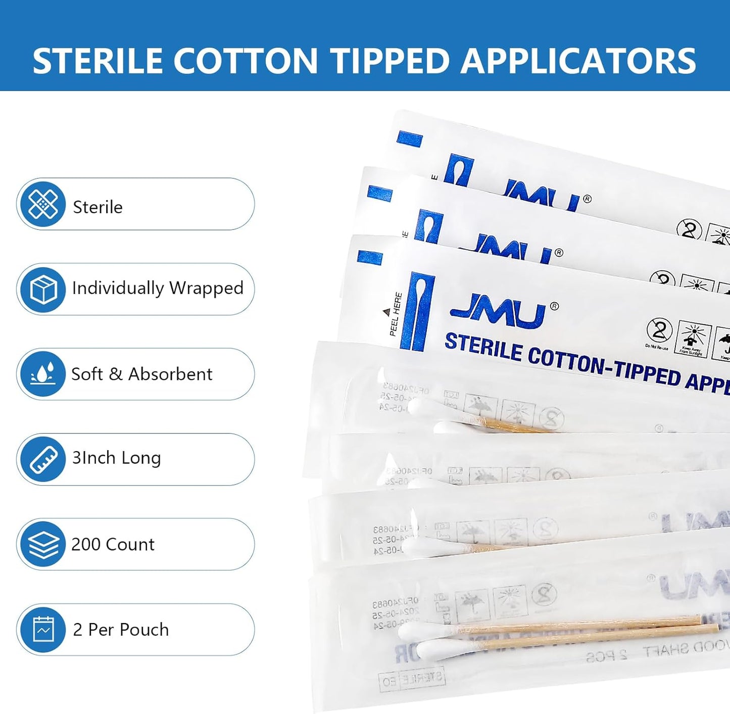 JMU Sterile Cotton Tipped Applicators 3", 200 Count Sterile Cotton Swabs, Wood Shaft Medical Swabs