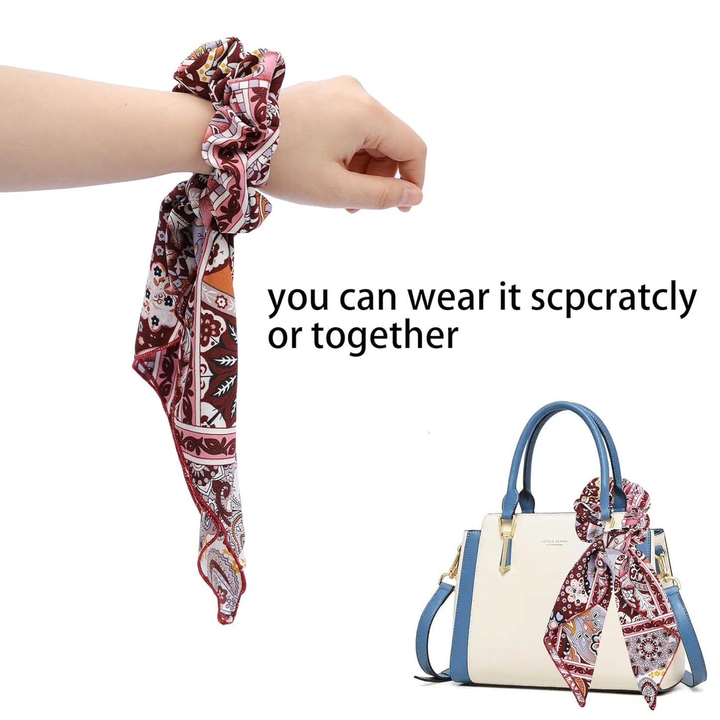 Scrunchie Scarf for Women,6PCS Bow Scrunchie Hair Scarf Ties,2 in 1 Design Paisley Scrunchies Bandanas Ponytail Ribbons,No Hurt Accessories for Thick Hair