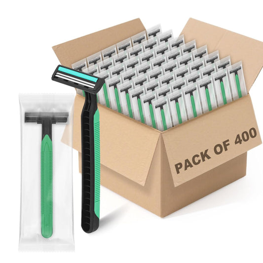 Disposable Twin Blade Razors in Bulk, Individually Wrapped - Clear Safety Cap, For Homeless, Hotel, Airbnb, Travel (pack of 400,green)