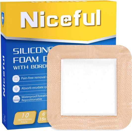 10 Count Silicone Foam Dressing 6" x 6" - Large Bandages for Wounds, Wound Dressing Waterproof Silicone Bandages for Bedsores, Diabetic Foot Ulcers, I-II Degree Burns