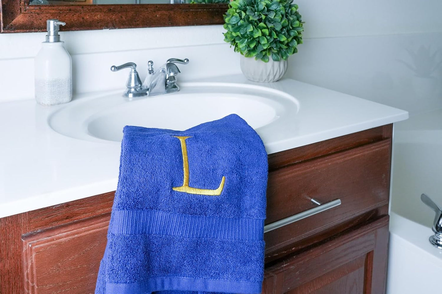 Navy and Gold Bathroom Hand Towel - Monogrammed Luxury Hotel Quality Decorative Embroidered Towel for Powder Room, Spa - GOTS Organic Certified - Pack of 2, Letter L