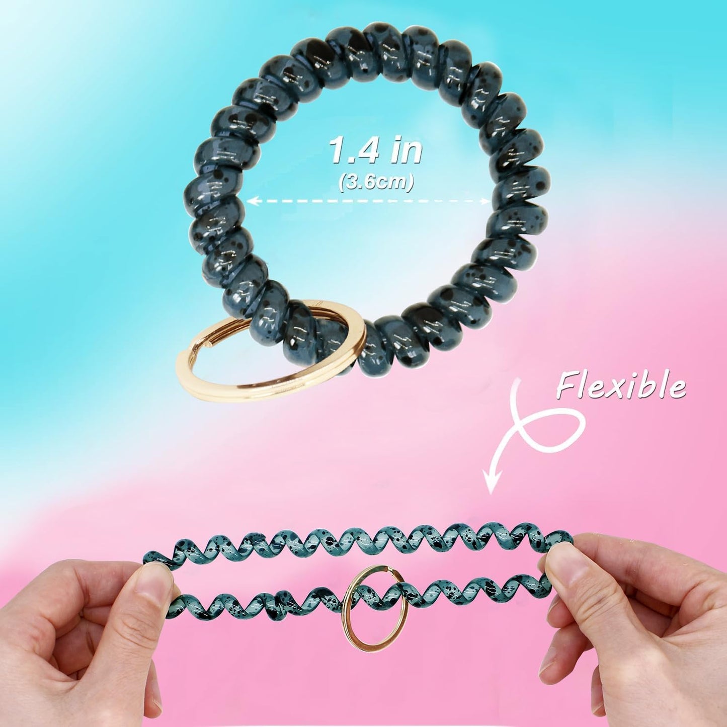 BIHRTC 6pcs Elastic Stretchable Wristband Key Ring Chains with Spiral Hair Tie for Sauna, Gym, Pool, ID Badge and Outdoor Sports