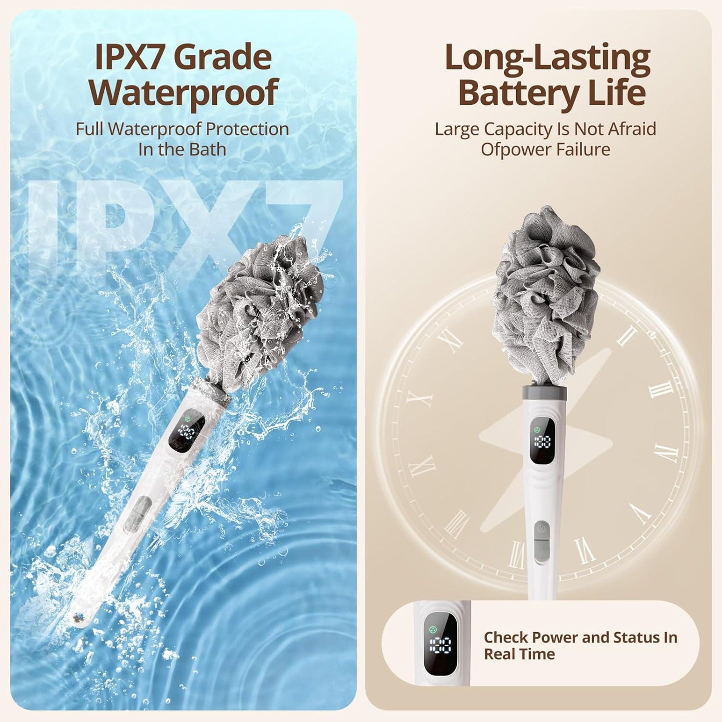 Electric Back Scrubber for Shower,African Net Sponge Long Handle Exfoliating Body Scrubber,IPX7 Waterproof Bath Brush with 3 Heads & 2 Speeds,for Cleansing, Exfoliating and Foot Callus Remover