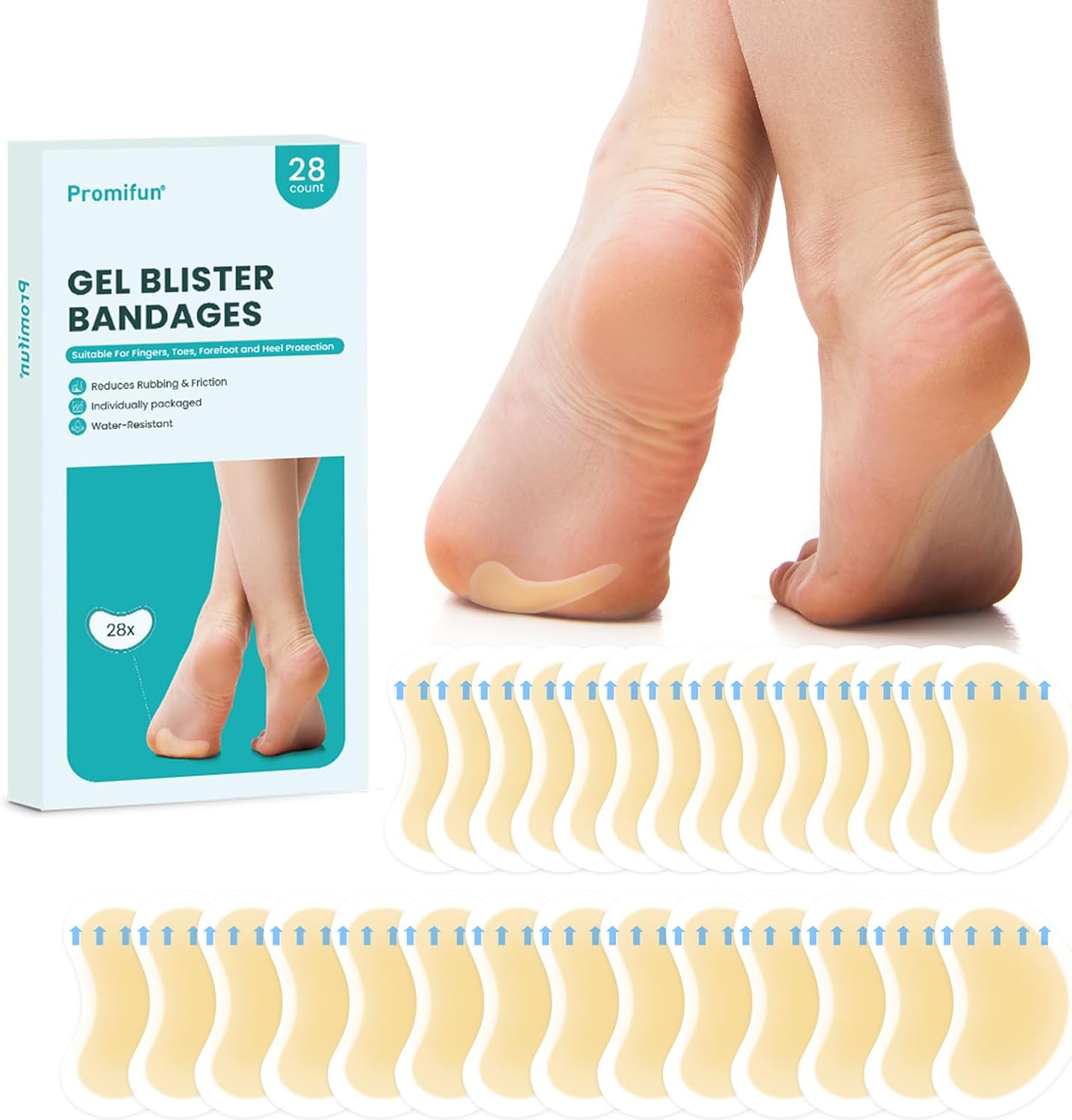 Blister Pads - 28 ct Water Resistant Hydrocolloid Bandages for Foot, Toe, Heel - Gel Blister Cushions for Prevention & Recovery, Spot Pack