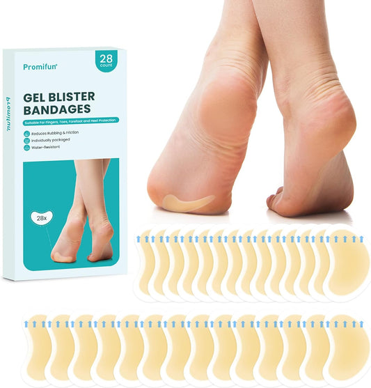 Blister Pads - 28 ct Water Resistant Hydrocolloid Bandages for Foot, Toe, Heel - Gel Blister Cushions for Prevention & Recovery, Spot Pack