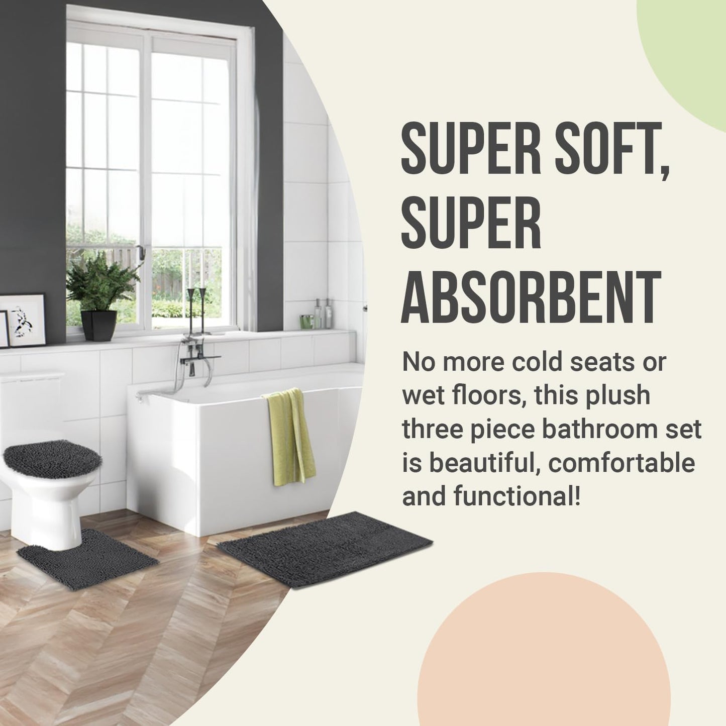 ITSOFT 3pc Non-Slip Shaggy Chenille Bathroom Mat Set, Includes 24 x 21 Inches U-Shaped Contour Toilet Rug, 34 x 21 Inches Bathmat and 1 Toilet Lid Cover, Chocolate Brown