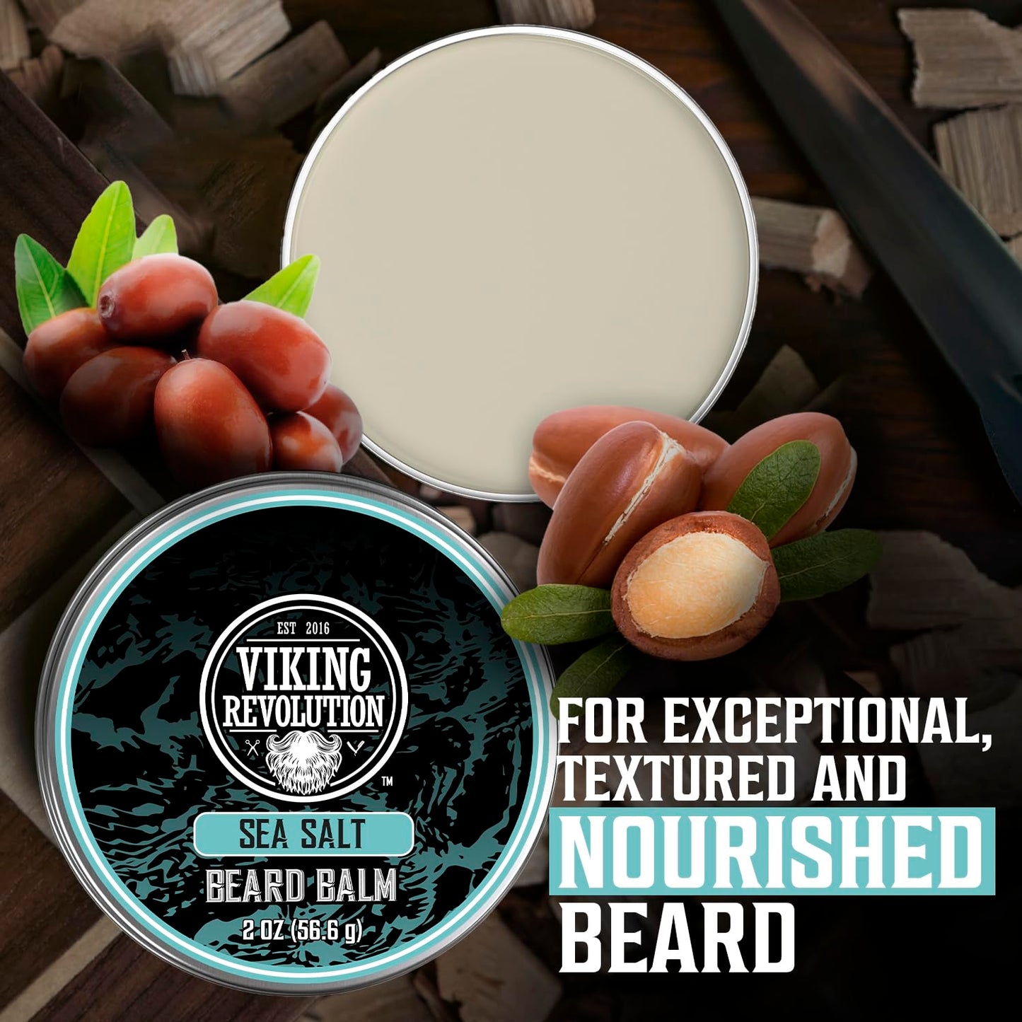 Viking Revolution Sea Salt Beard Balm for Men - Beard Butter for Men with Argan Oil and Jojoba Oil Softener and Moisturizer Styling Balm (1 Pack, 2oz)