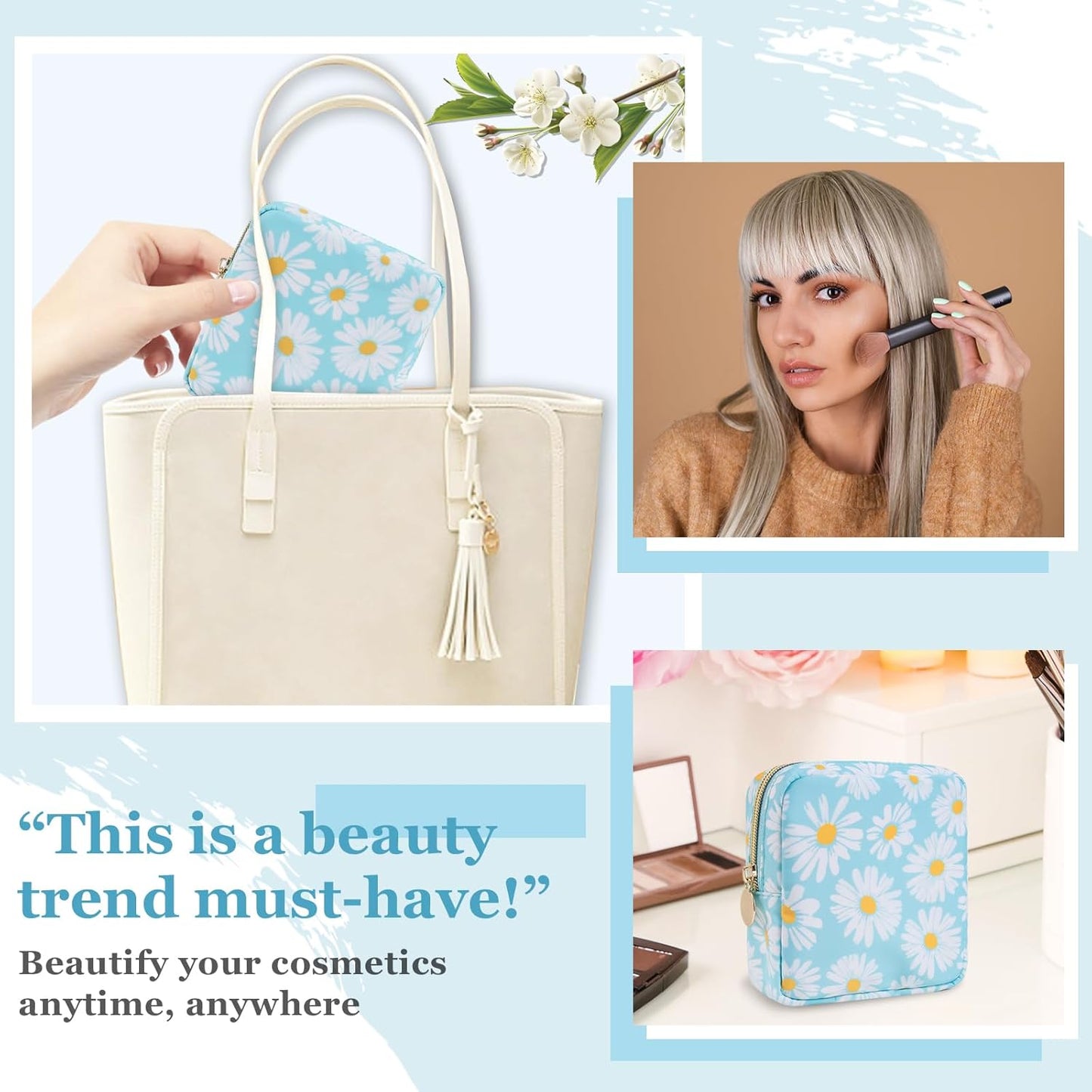 Nylon Mini Floral Makeup Bag for Purse, Small Cute Travel Makeup Bag Preppy Flower Cosmetic Zipper Pouch, Waterproof Coin Pouch Sanitary Napkin Storage Bag Make Up Organizer Set for Women(Blue-Daisy)