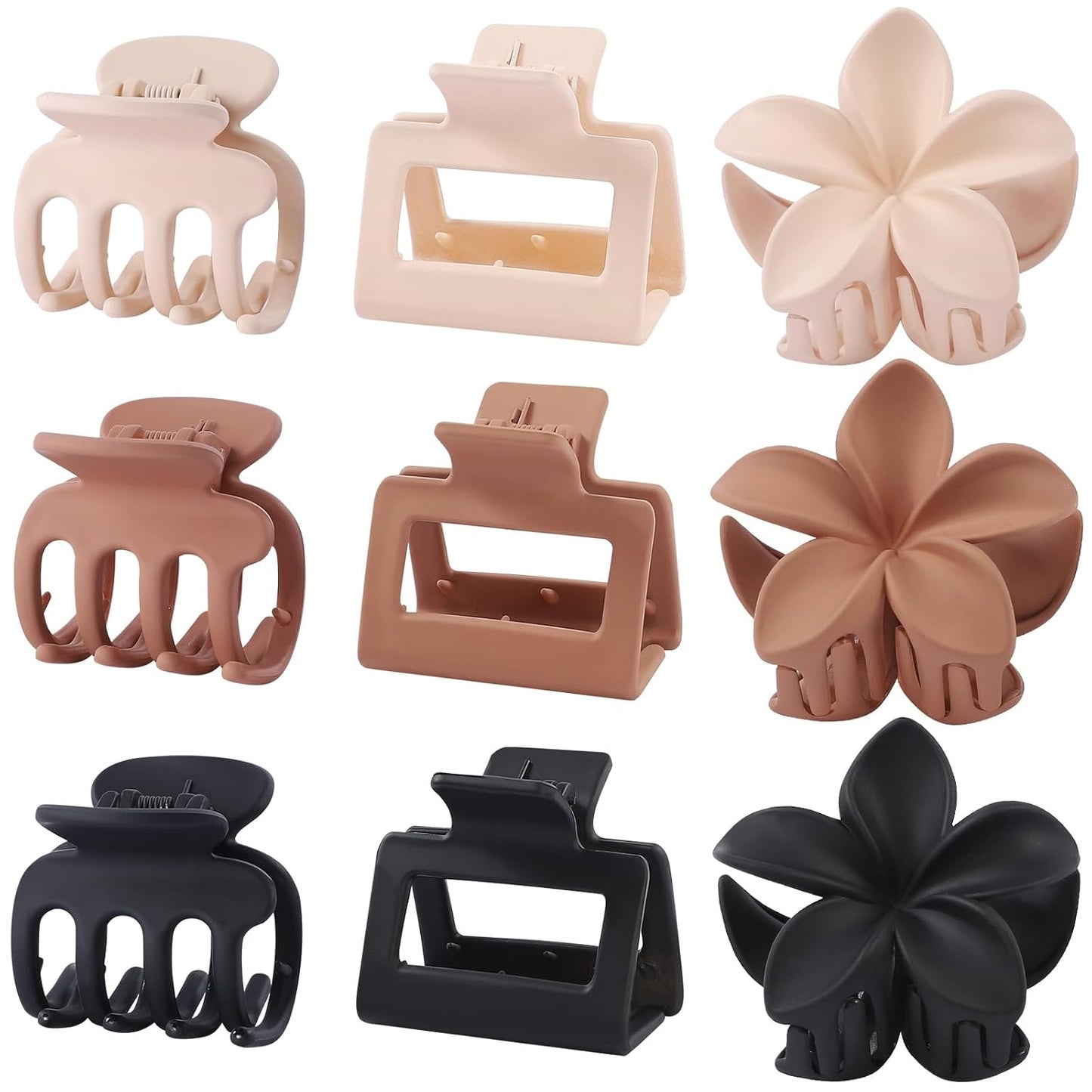 3 Styles Medium Hair Clips for Women 9 Pcs Small Claw Clips for Thin Hair Flower Hair Clips for Thick Hair Square Hair Claw Clips for Girls Hawaiian Plumeria Hair Accessories for Women (Brown)